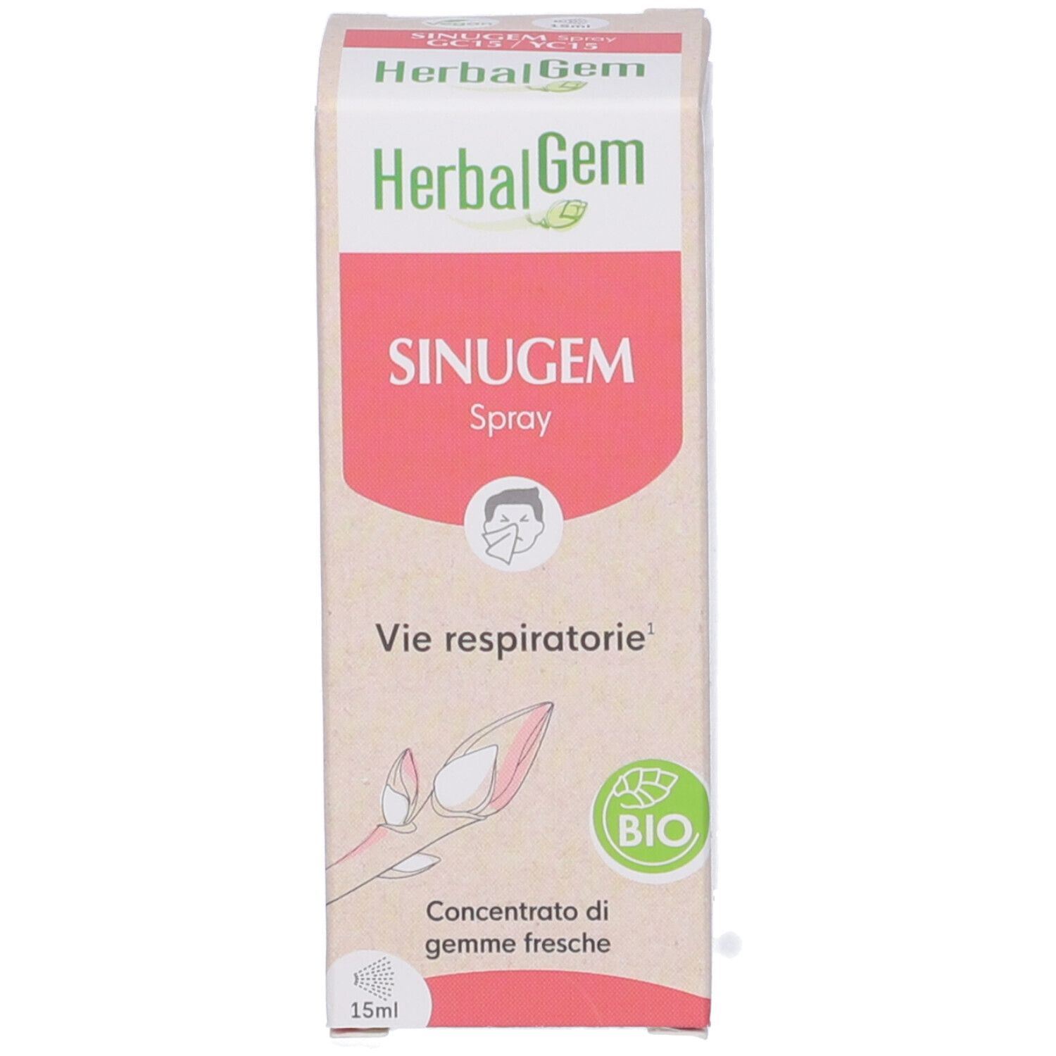 Scatola con scritta: HerbalGem, SINUGEM, Spray, Vie respiratorie. Con marchio bio.