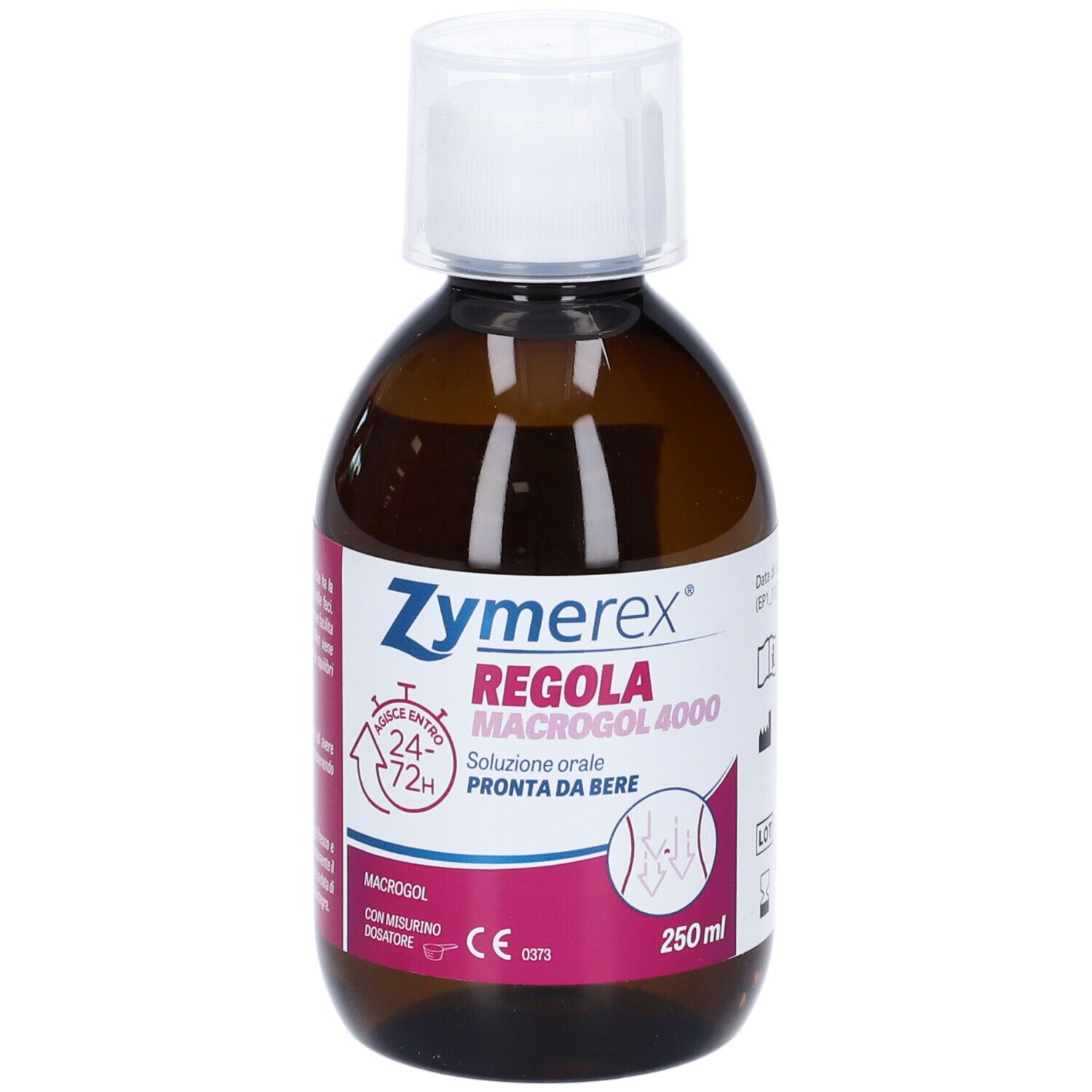 Flacone marrone con tappo bianco. Scritta: Zymerex Regola Macrogol 4000. Soluzione orale. 250ml.