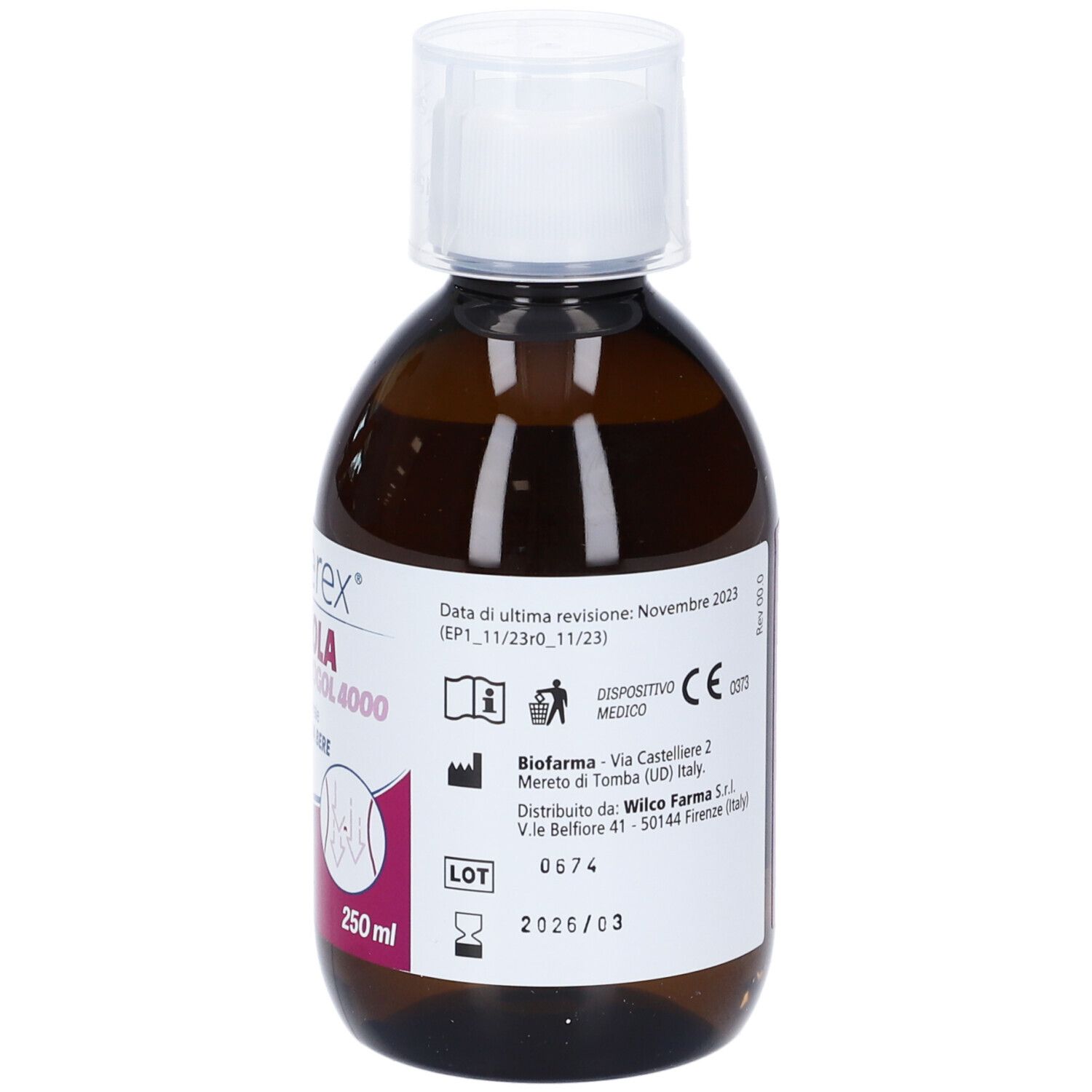 Flacone marrone con tappo bianco. Testo sull'etichetta. Informazioni sul prodotto. Marchio CE. Flacone.