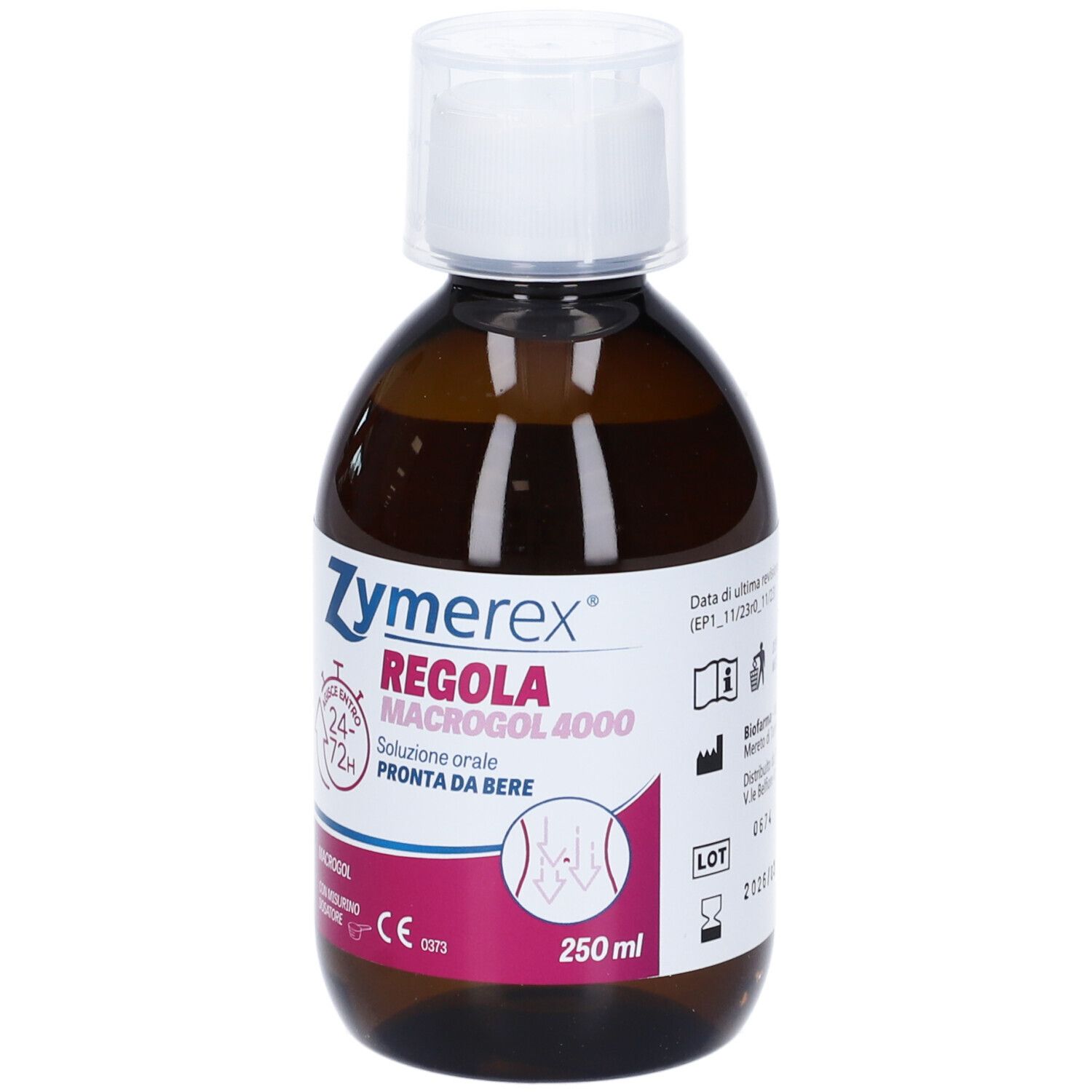 Flacone marrone con tappo bianco. Scritta: Zymerex Regola Macrogol 4000. Soluzione orale. 250ml.