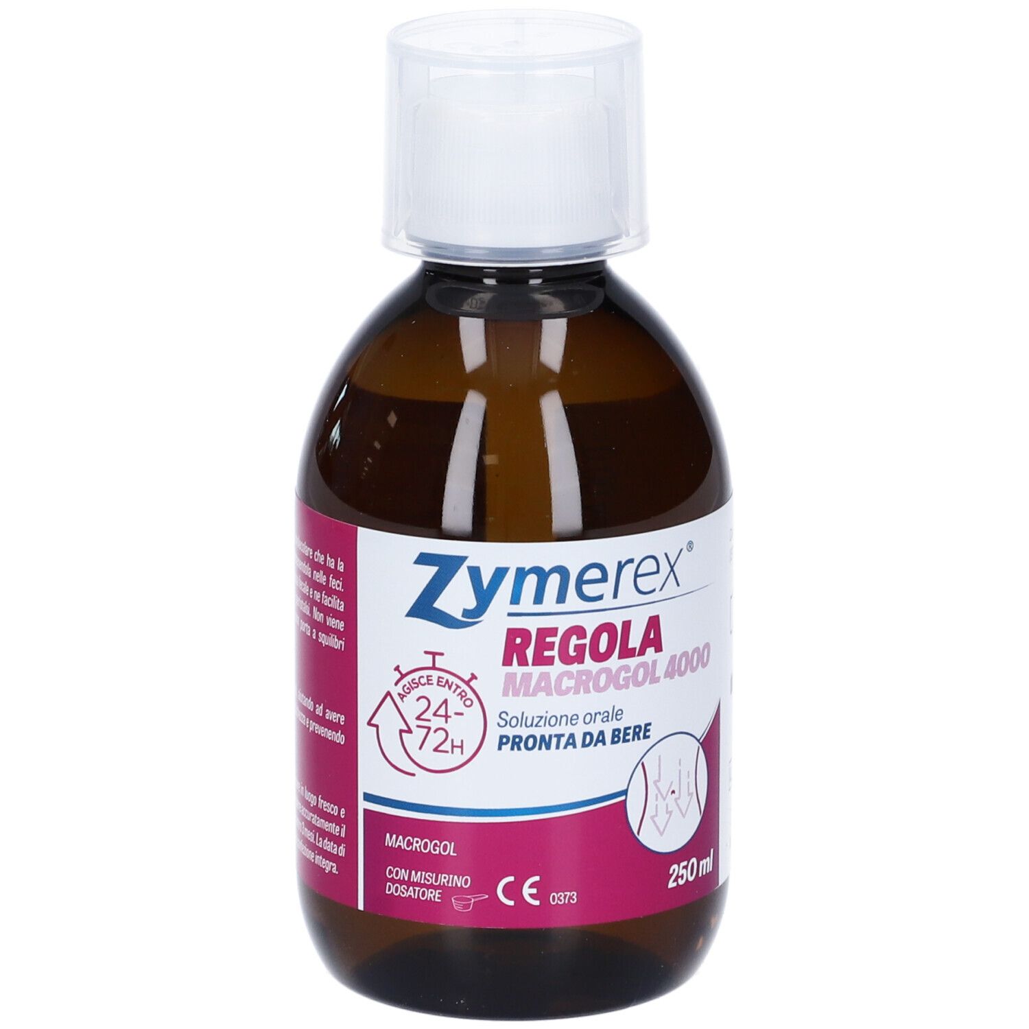 Flacone marrone con tappo bianco. Scritta: Zymerex Regola Macrogol 4000. Soluzione orale. 250ml.