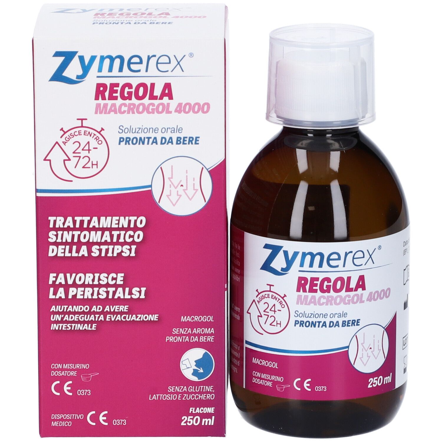 Flacone e scatola. Scritta: Zymerex Regola Macrogol 4000. Soluzione orale. 250ml. Trattamento della stipsi.
