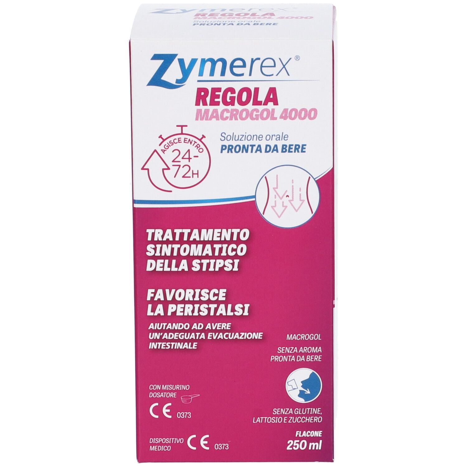 Scatola. Scritta: Zymerex Regola Macrogol 4000. Soluzione orale. 250ml. Trattamento della stipsi.