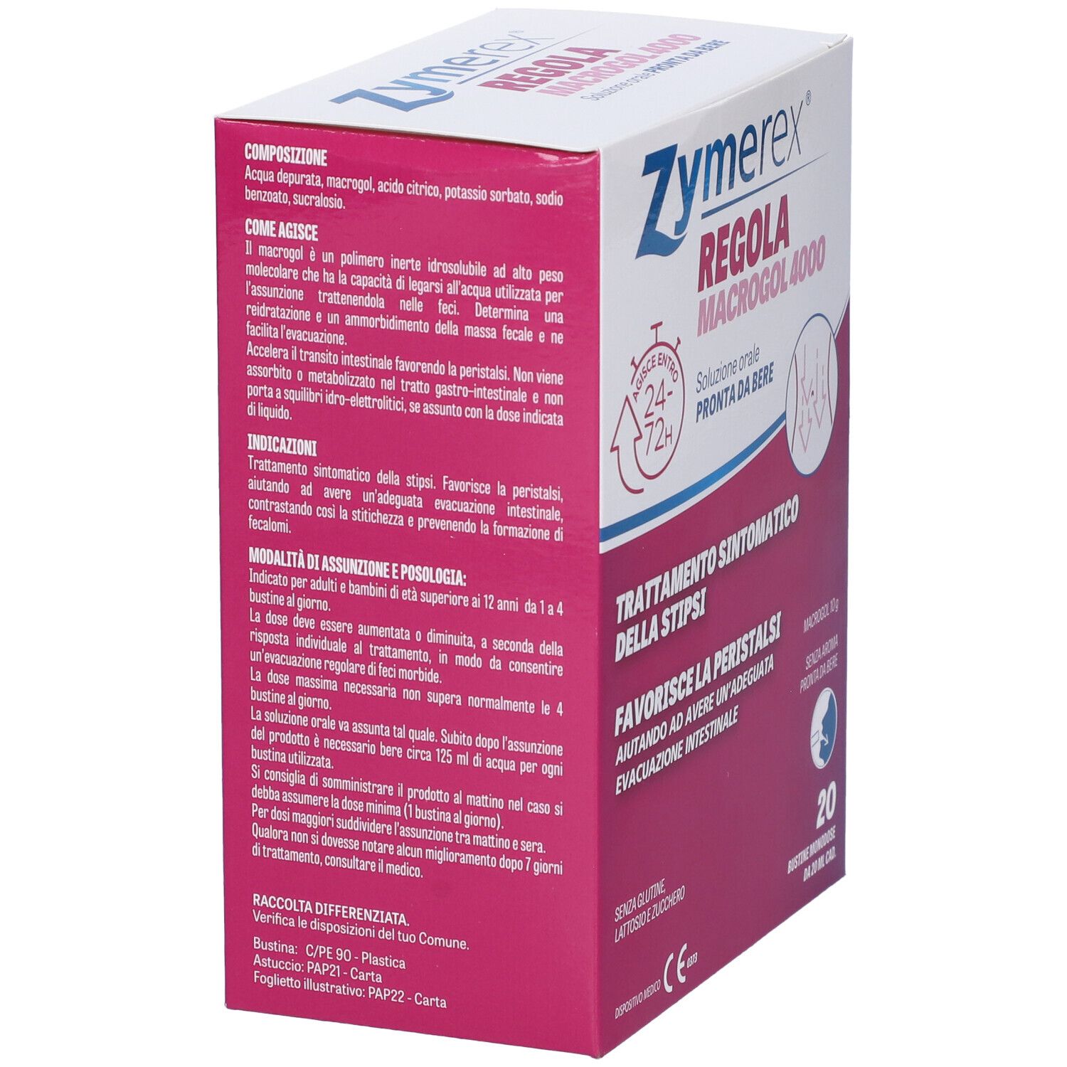 Confezione prodotto con testo in italiano. Informazioni su ingredienti e uso. Marchio CE.