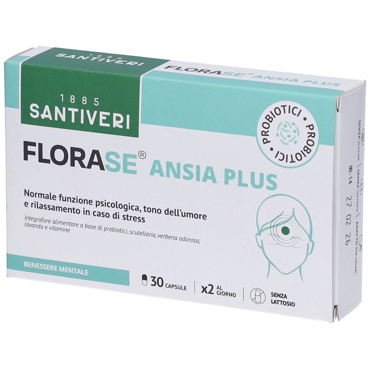 Scatola di capsule Santiveri Florase Ansia Plus. Scritto: FLORASE ANSIA PLUS, 30 capsule, senza lattosio.
