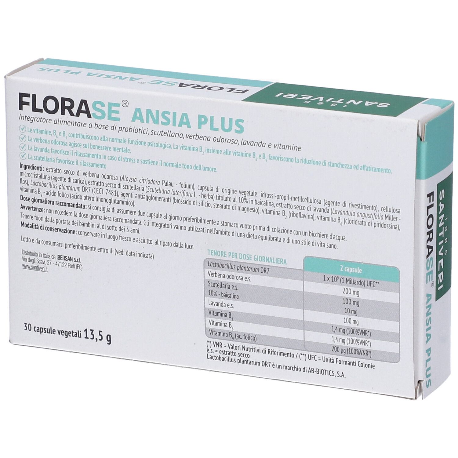 Retro della confezione Santiveri Florase Ansia Plus. Contiene ingredienti, informazioni nutrizionali e avvertenze.