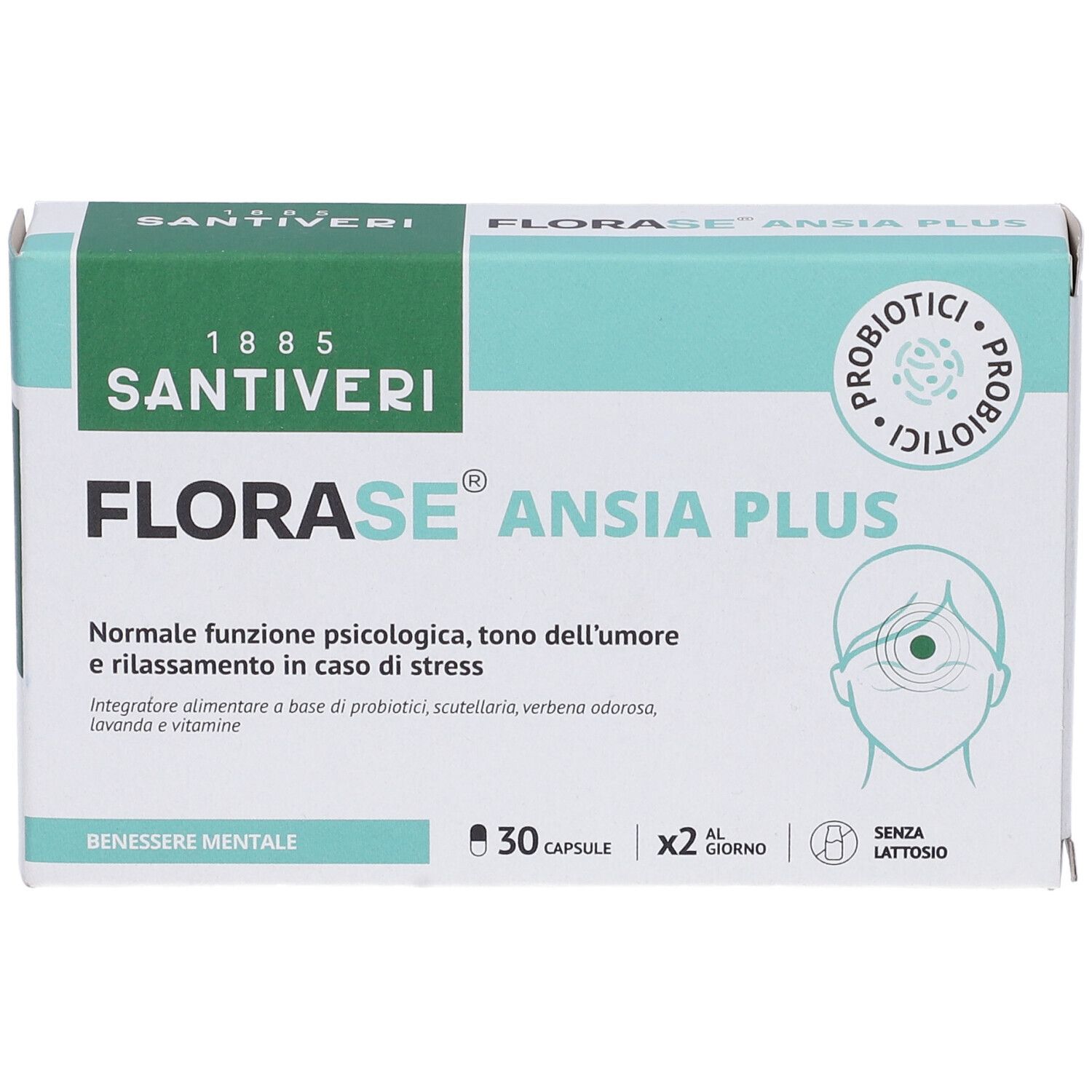 Scatola Santiveri Florase Ansia Plus. Scritto: FLORASE ANSIA PLUS, 30 capsule, senza lattosio. Logo: Probiotici.