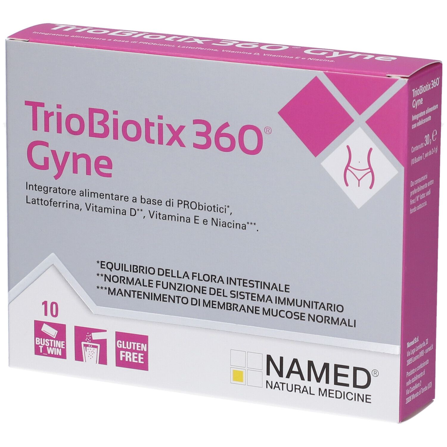 Verpackung von Triobiotix 360 Gyne. Rosa und weiß, mit Produktnamen und Logo. Enthält 10 Beutel. Glutenfrei.