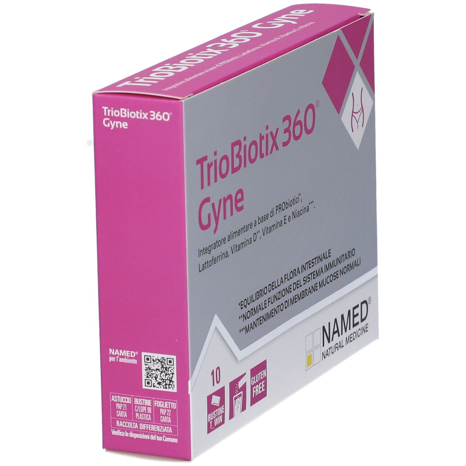 Schrägansicht der Triobiotix 360 Gyne Verpackung. Rosa und weiß, mit Produktnamen und Logo. 10 Beutel, glutenfrei.