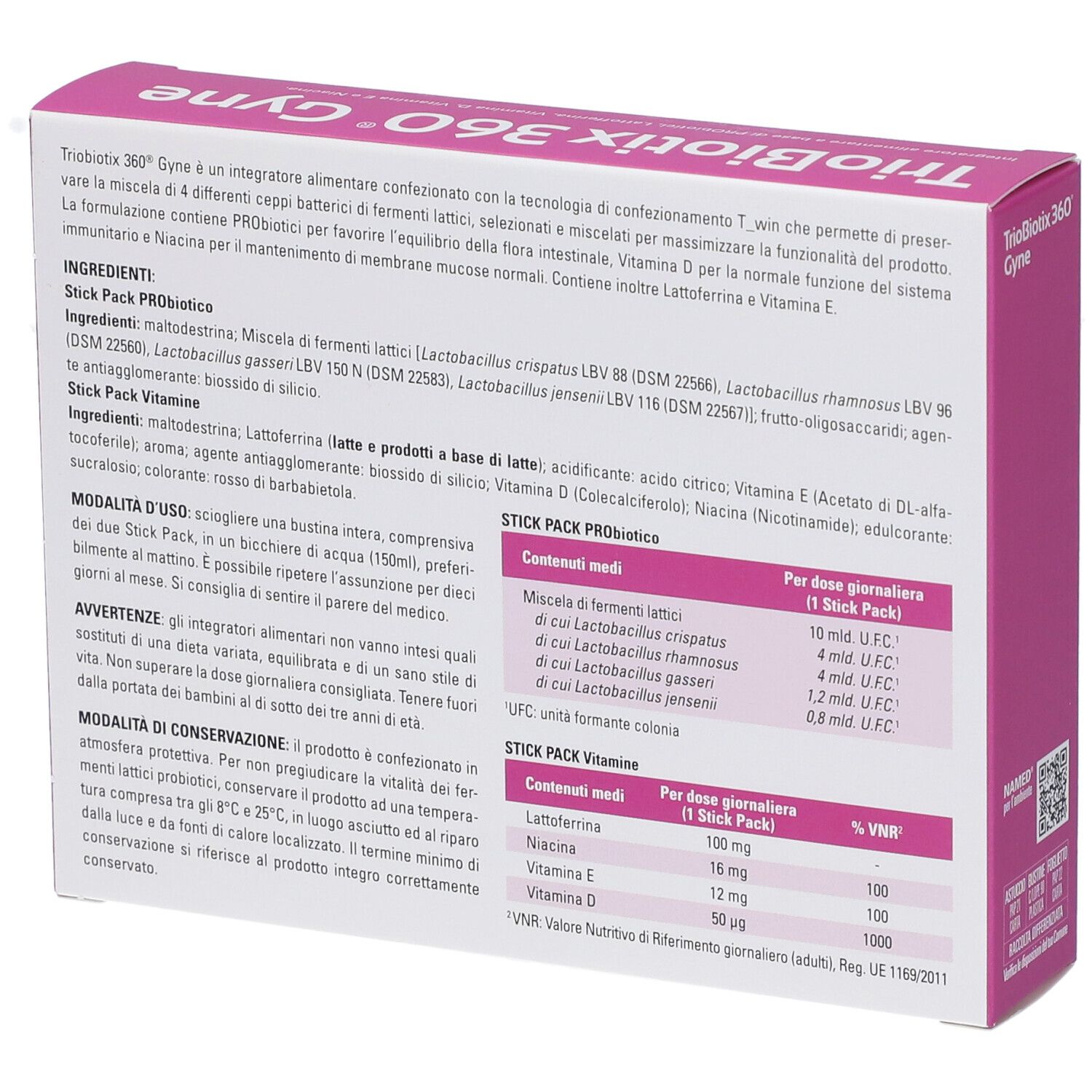 Rückseite der Triobiotix 360 Gyne Verpackung. Enthält Informationen zu Inhaltsstoffen und Dosierung. Text in italienischer Sprache.