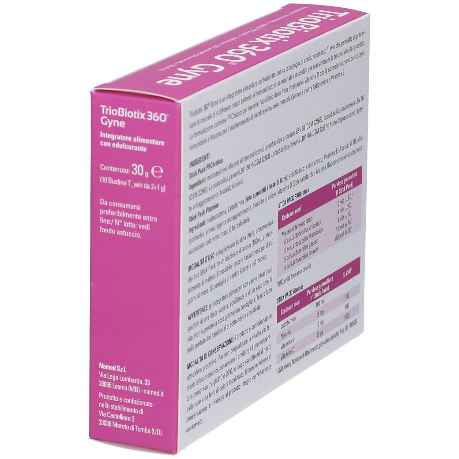 Schrägansicht der Rückseite der Triobiotix 360 Gyne Verpackung. Informationen zu Inhaltsstoffen und Dosierung. Text in italienischer Sprache.