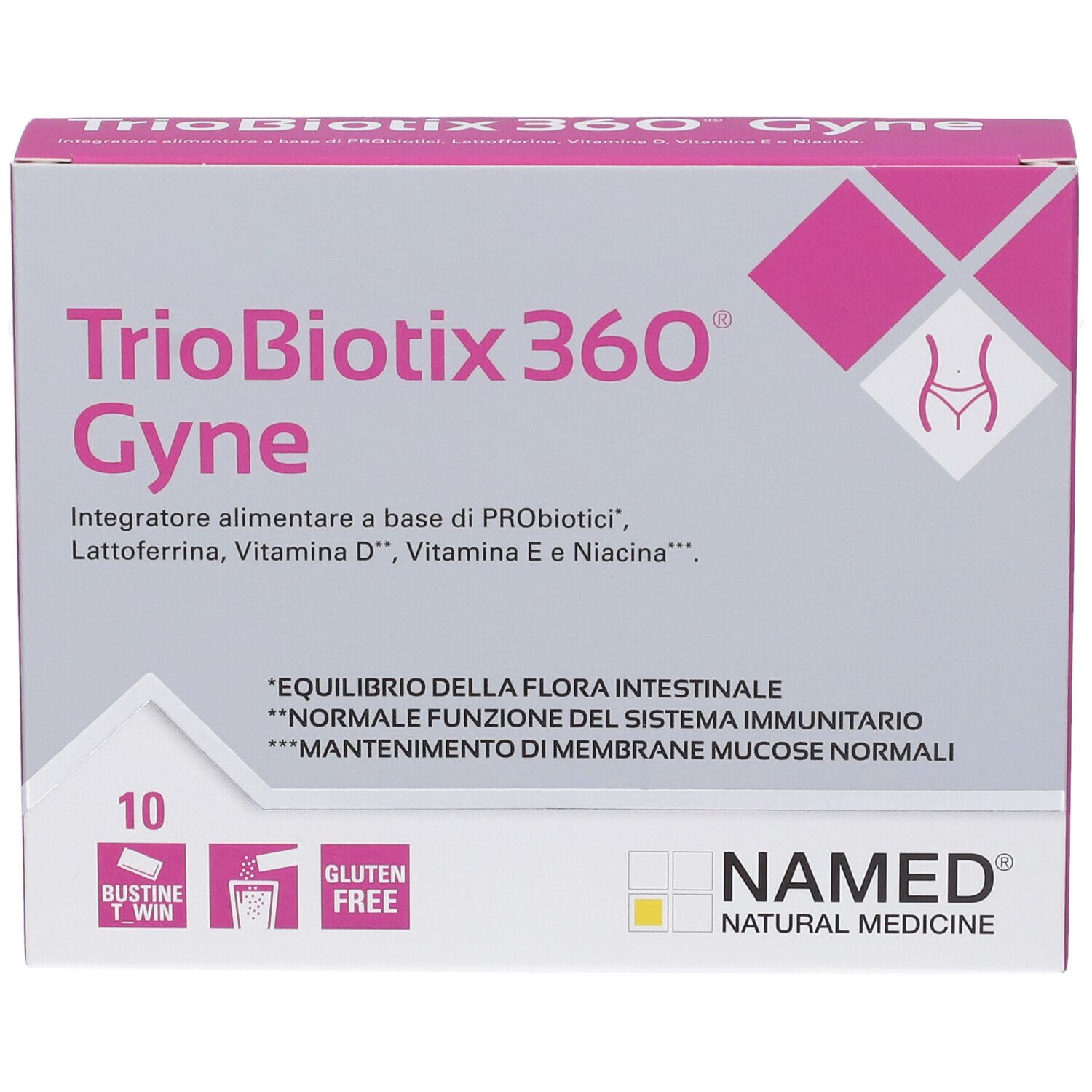 Vorderansicht der Triobiotix 360 Gyne Verpackung. Rosa und weiß, mit Produktnamen und Logo. Enthält 10 Beutel. Glutenfrei.