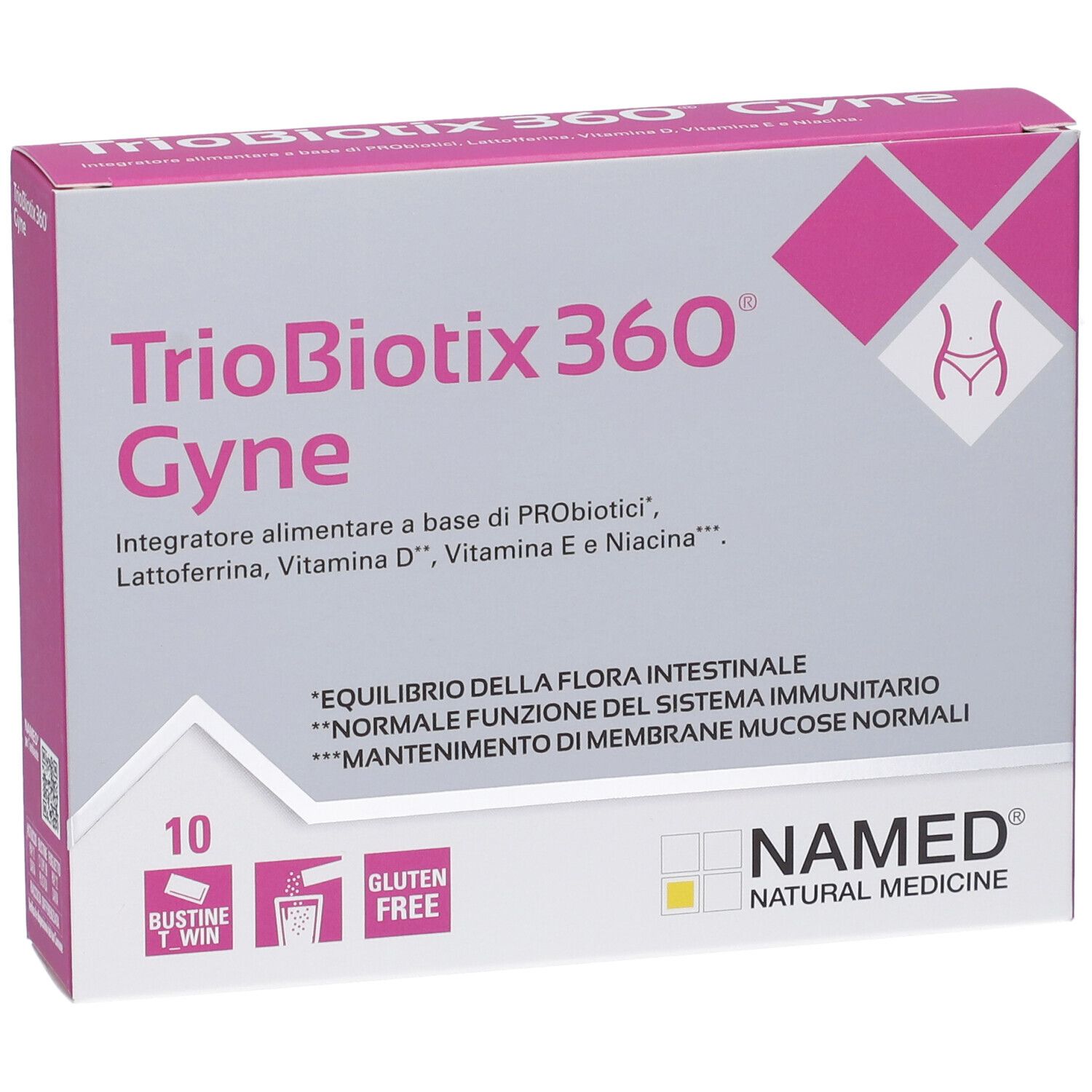 Vorderansicht der Triobiotix 360 Gyne Verpackung. Rosa und weiß, mit Produktnamen und Logo. Enthält 10 Beutel. Glutenfrei.