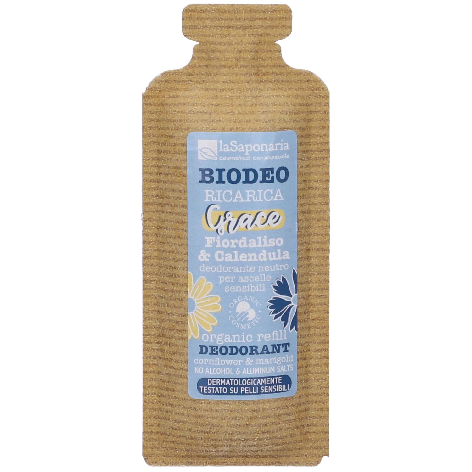 Ricarica Biodeo Grace, fronte. Etichetta blu con informazioni sul prodotto e illustrazioni floreali. Testo: Fioraliso & Calendula.
