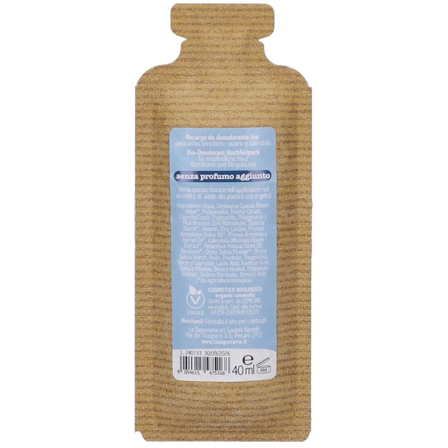 Retro della ricarica Biodeo Grace. Etichetta blu con testo e ingredienti. Volume: 40ml.