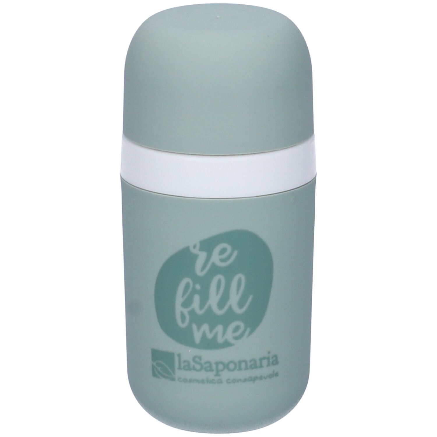 Applicatore roll-on verde chiaro con fascia bianca. Scritta "re fill me" e logo. Prodotto cosmetico.
