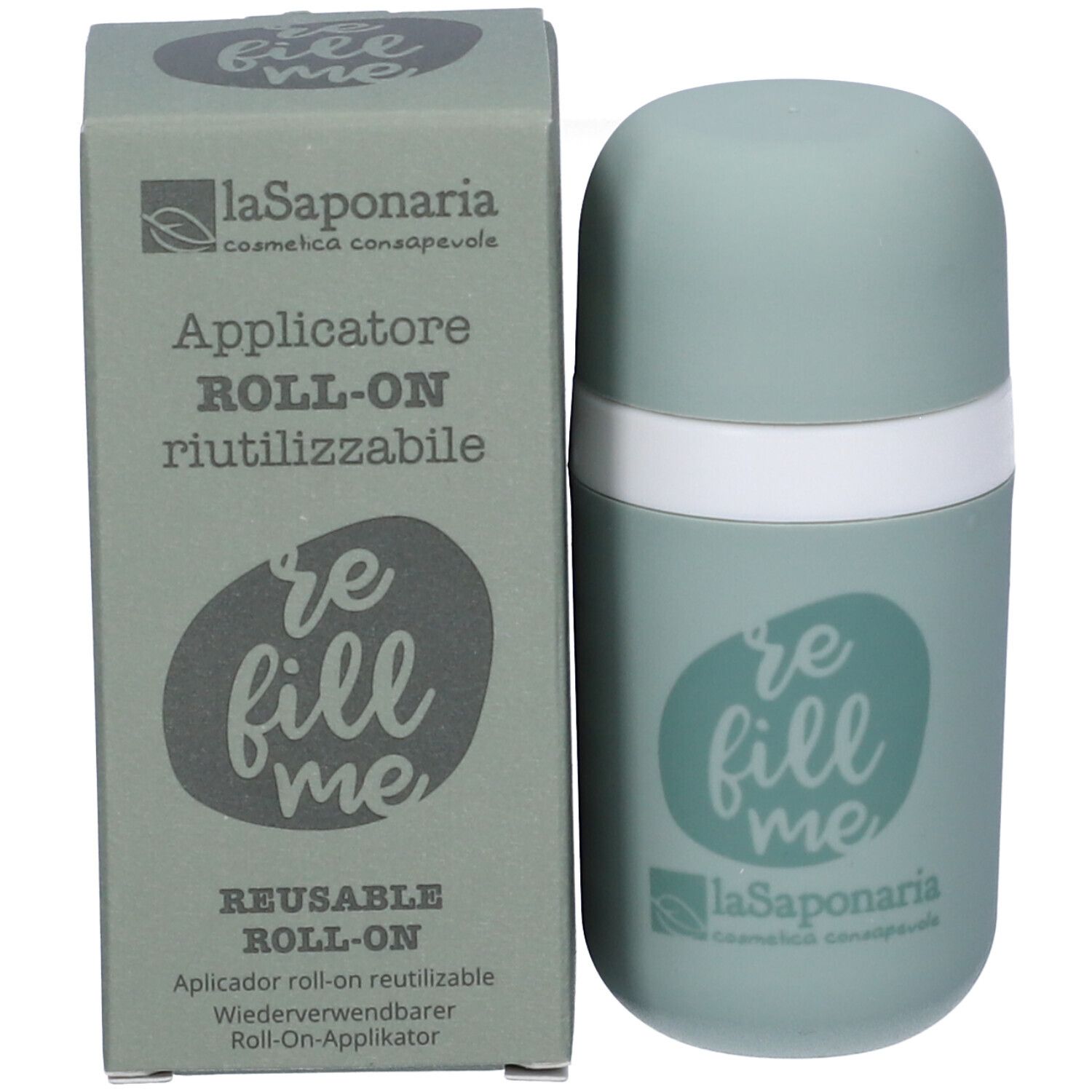 Applicatore roll-on verde chiaro e confezione. Scritta "re fill me" e logo. Prodotto cosmetico.