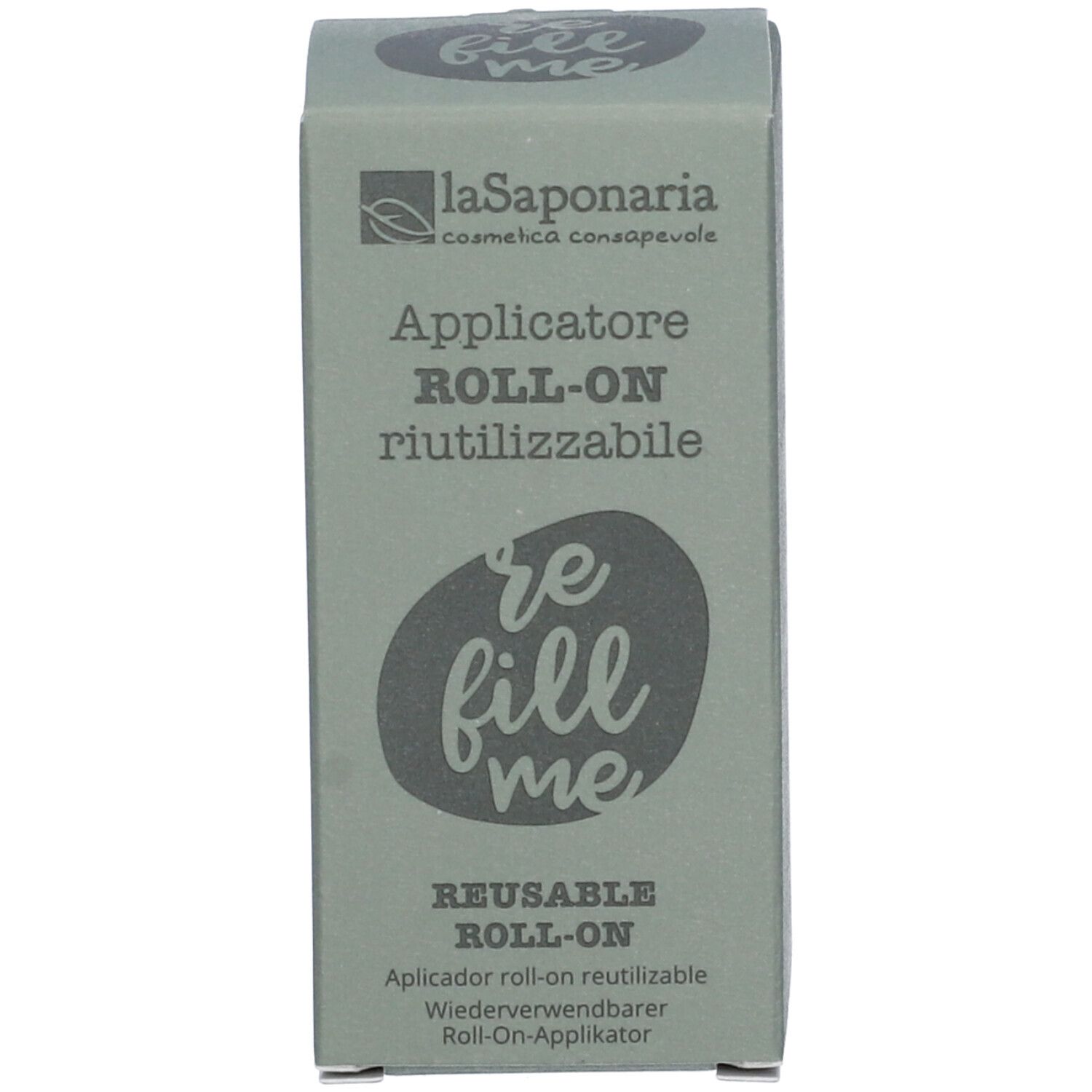 Confezione con scritta "Applicatore ROLL-ON riutilizzabile" e logo. Prodotto cosmetico.