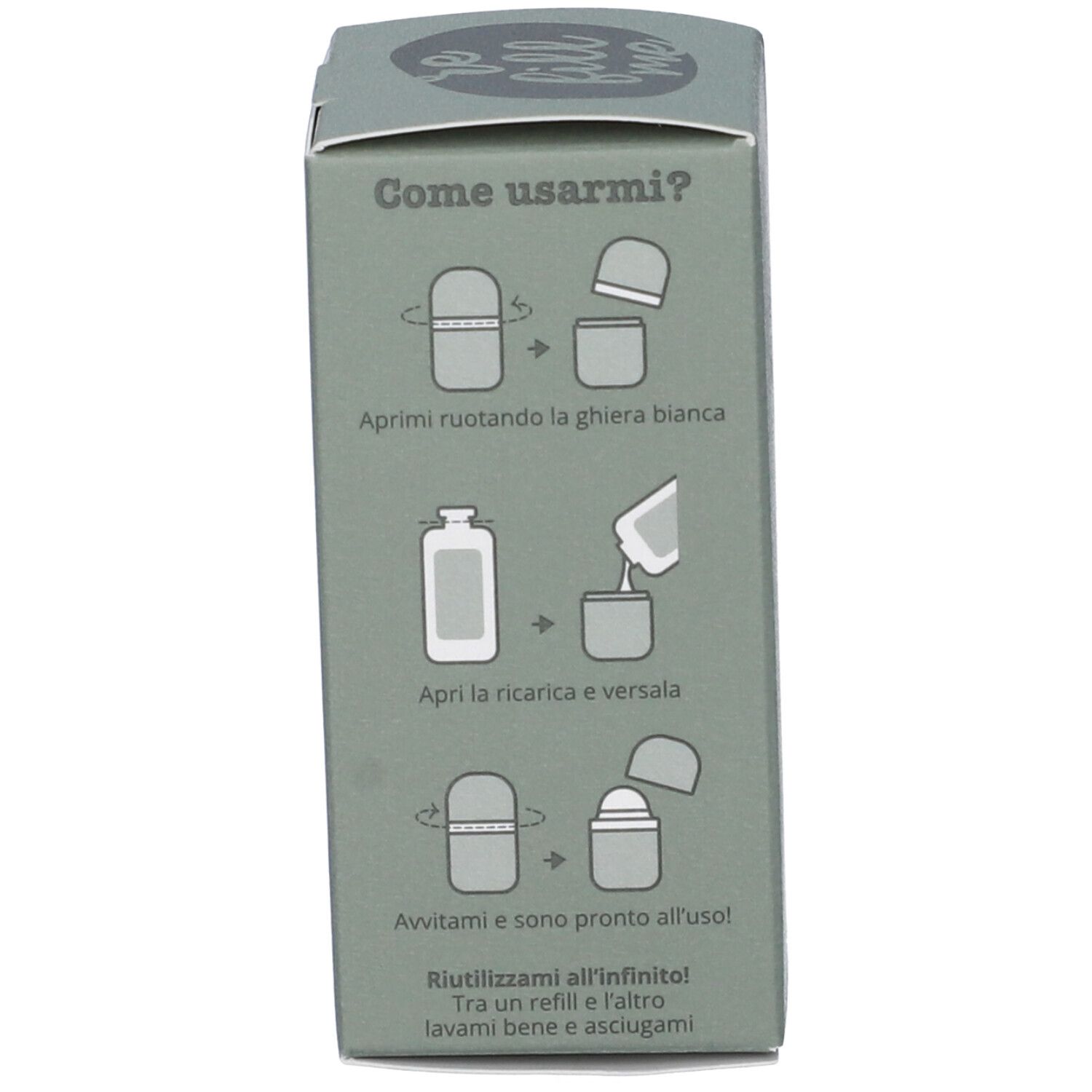 Confezione con illustrazioni per l'uso dell'applicatore roll-on. Prodotto cosmetico.