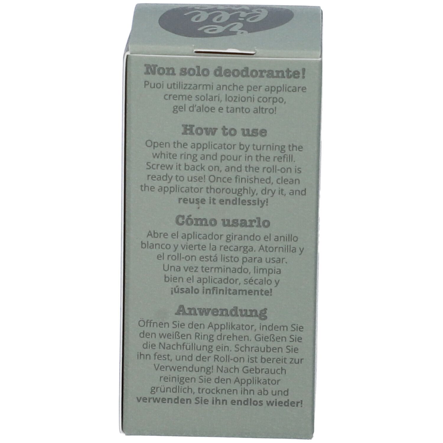 Confezione con testo sull'uso dell'applicatore roll-on. Prodotto cosmetico.