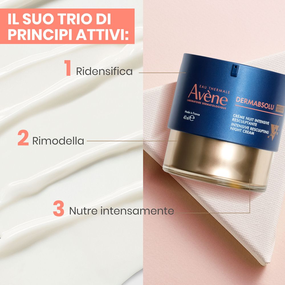 Drei Creme-Streifen. Text: 1. Ridensifica, 2. Rimodella, 3. Nutre intensamente. Creme-Tiegel daneben.