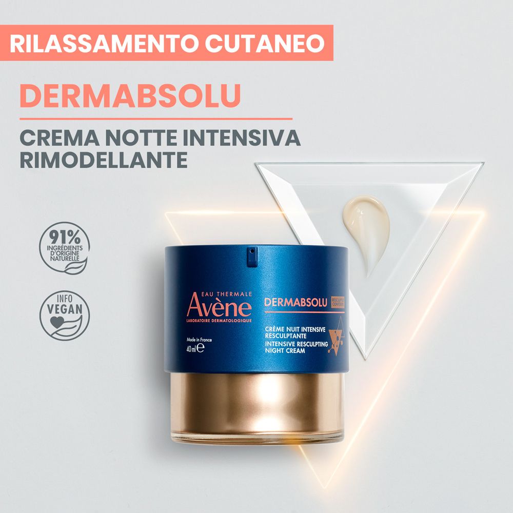 Creme-Tiegel mit Text: DERMABSOLU CREMA NOTTE INTENSIVA RIMODELLANTE. 91% Inhaltsstoffe natürlichen Ursprungs.