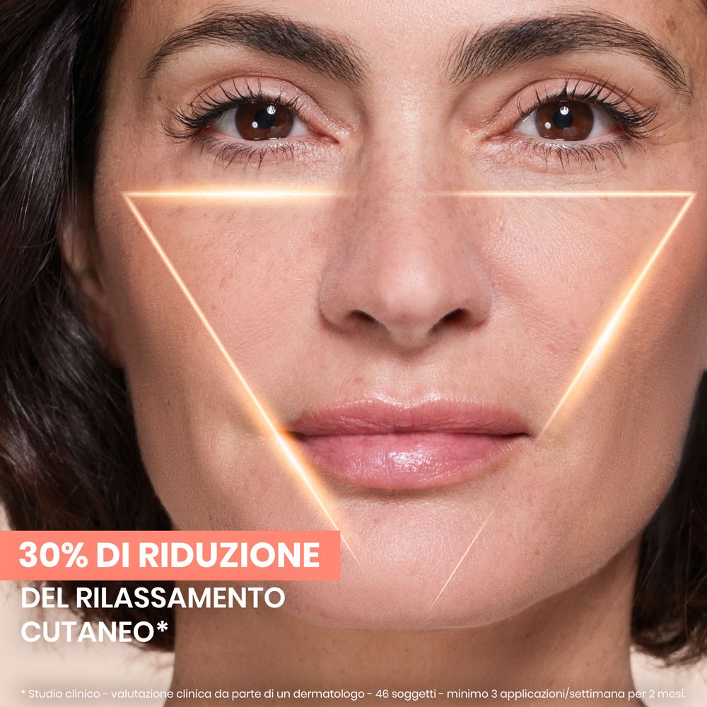 Gesicht einer Frau mit Text: 30% REDUZIERUNG DEL RILASSAMENTO CUTANEO.