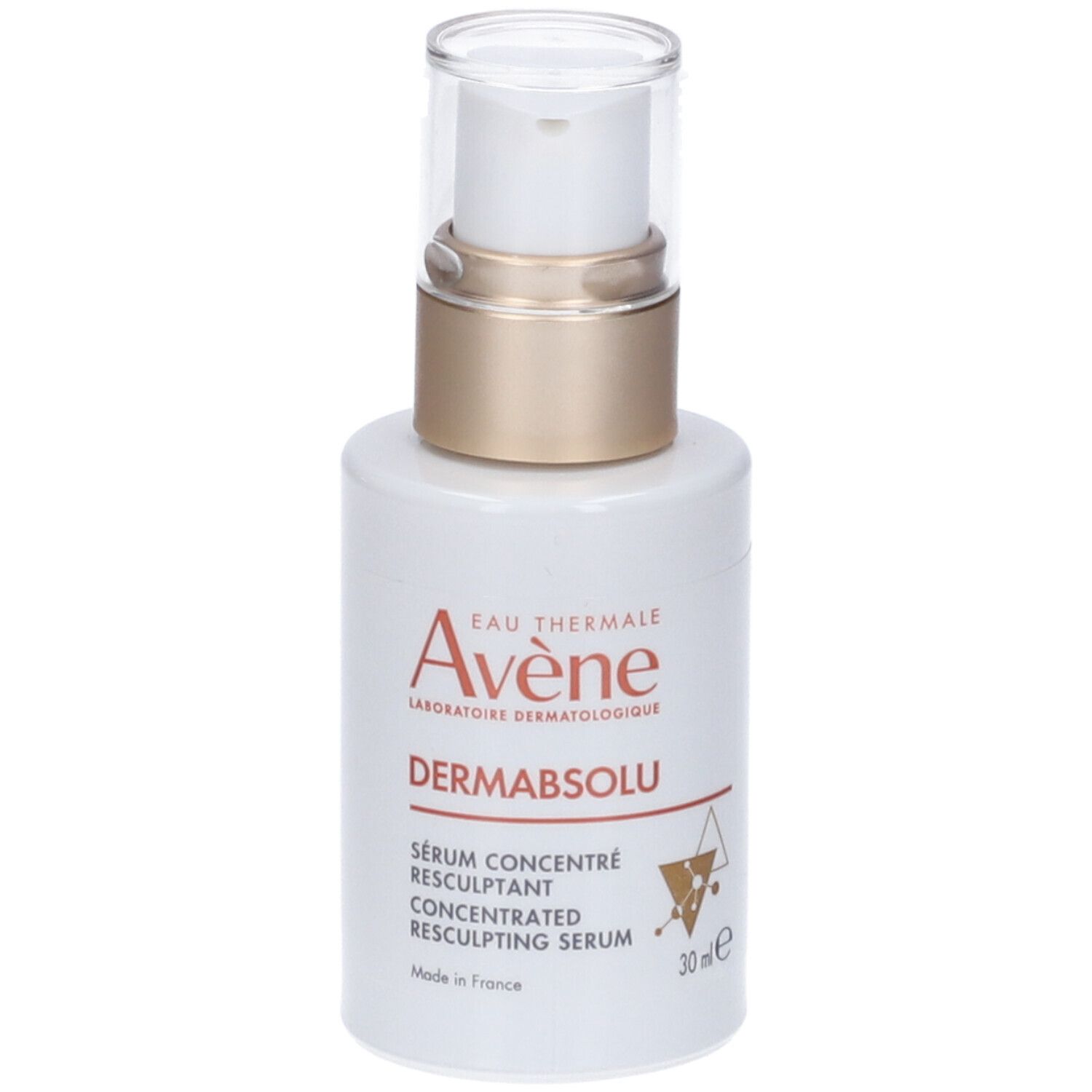 Flacone bianco con dosatore. Scritta: Eau Thermale Avène, DERMABSOLU, Sérum Concentré Rimodellante.
