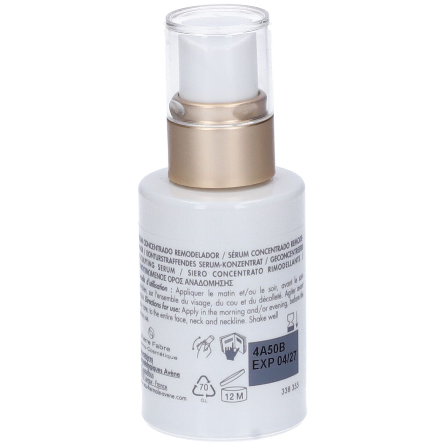 Retro del flacone. Testo: Sérum Concentré Rimodellante. Istruzioni per l'uso.