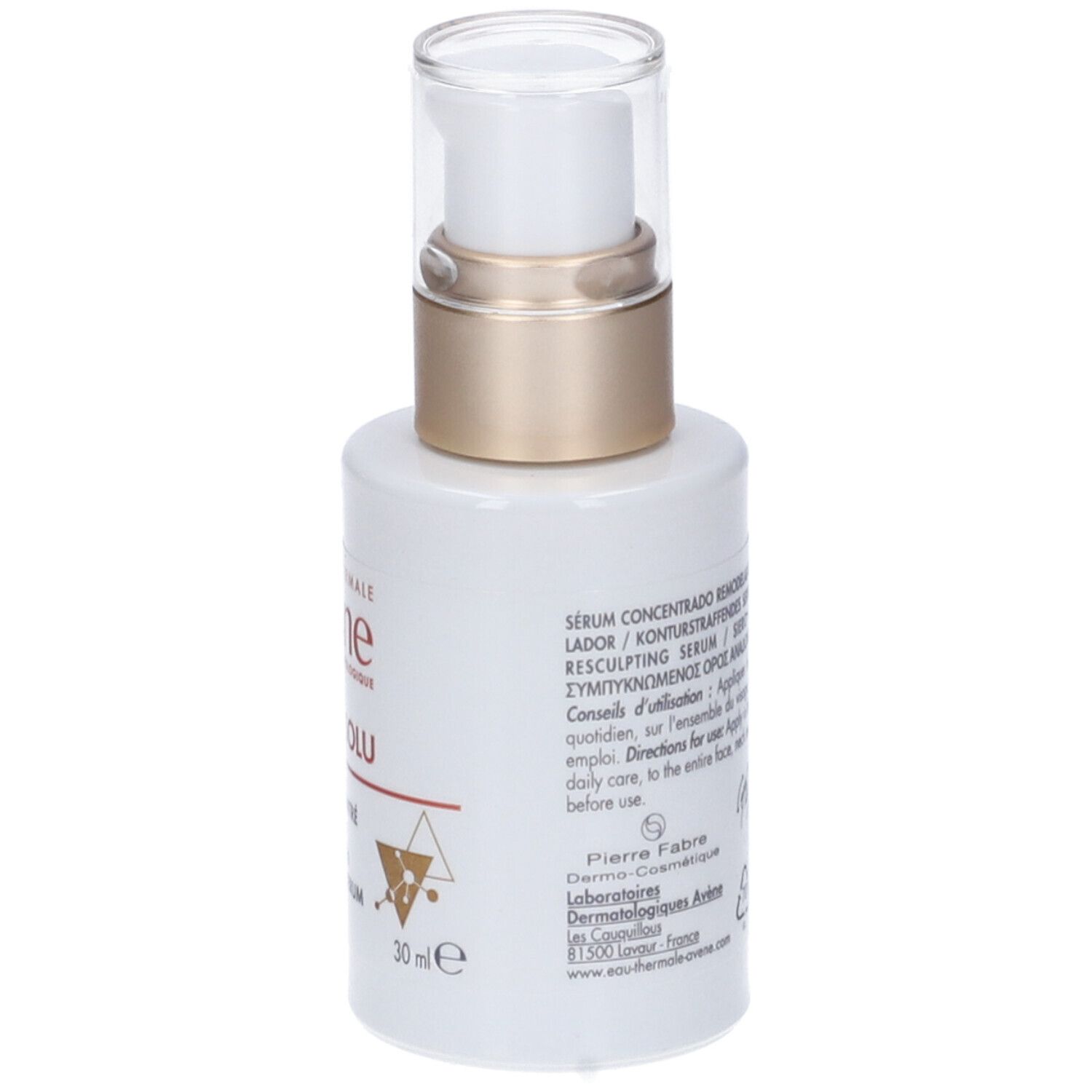 Flacone bianco con dosatore. Scritta: Eau Thermale Avène, DERMABSOLU, Sérum Concentré Rimodellante.