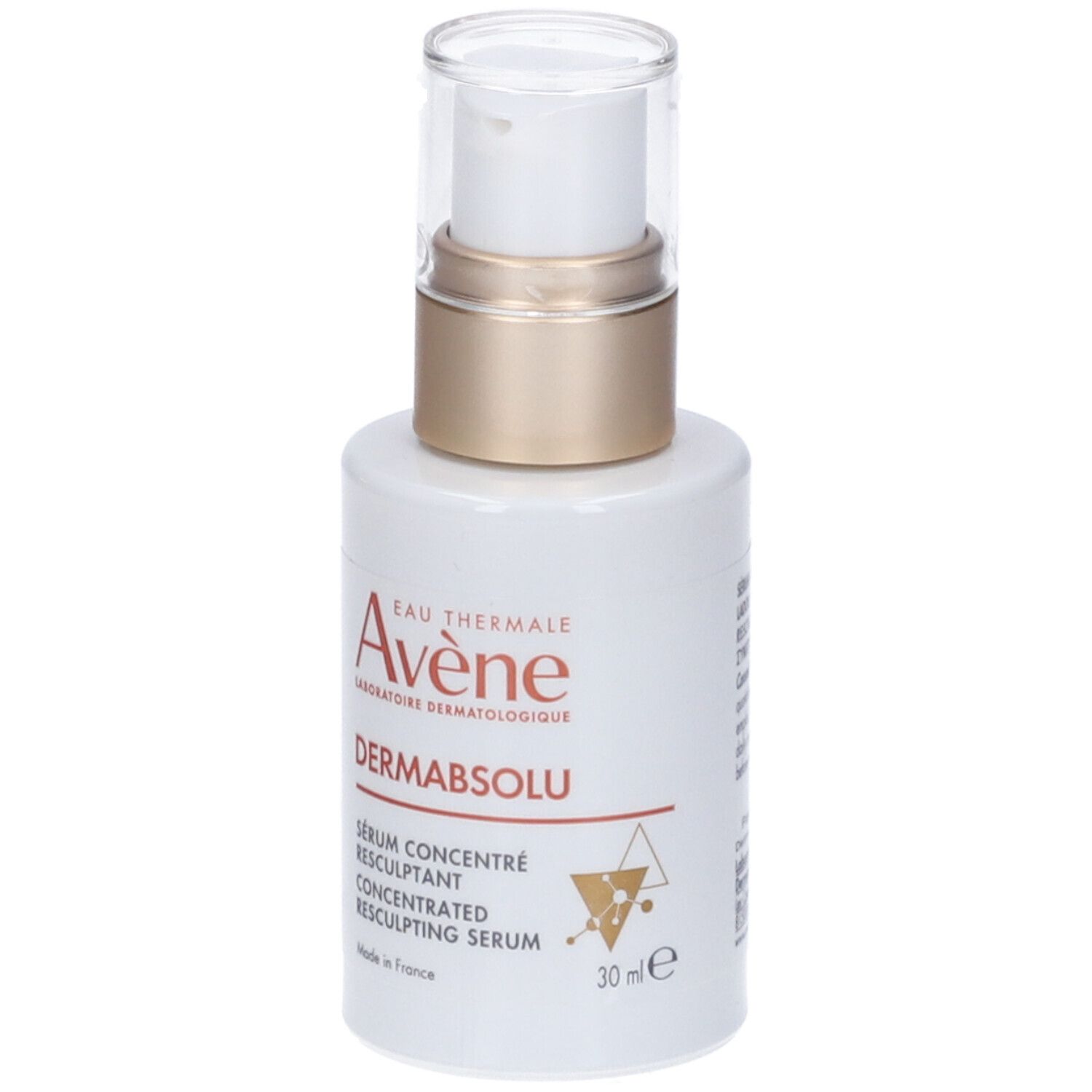 Flacone bianco con dosatore. Scritta: Eau Thermale Avène, DERMABSOLU, Sérum Concentré Rimodellante.