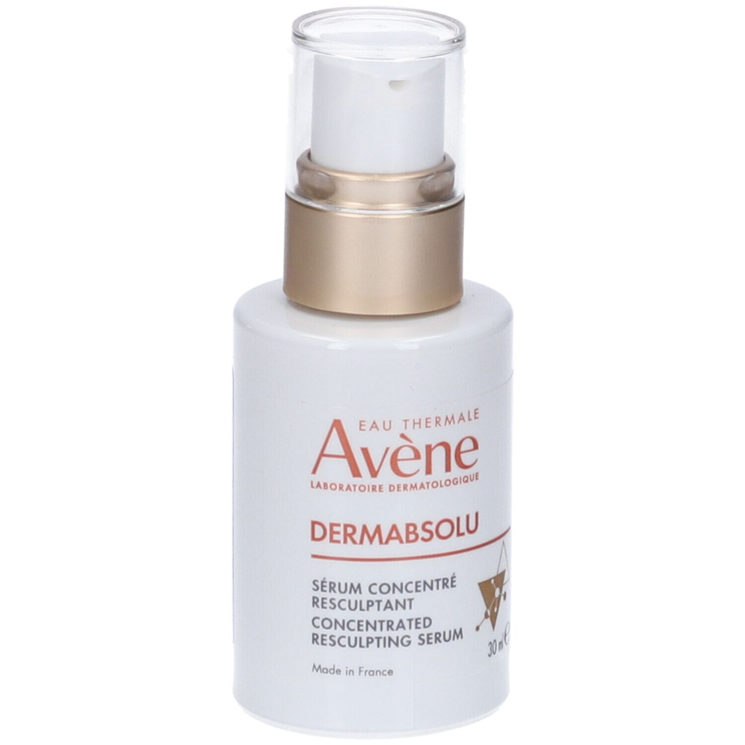Flacone e confezione del prodotto. Scritta: Eau Thermale Avène, DERMABSOLU, Sérum Concentré Rimodellante.