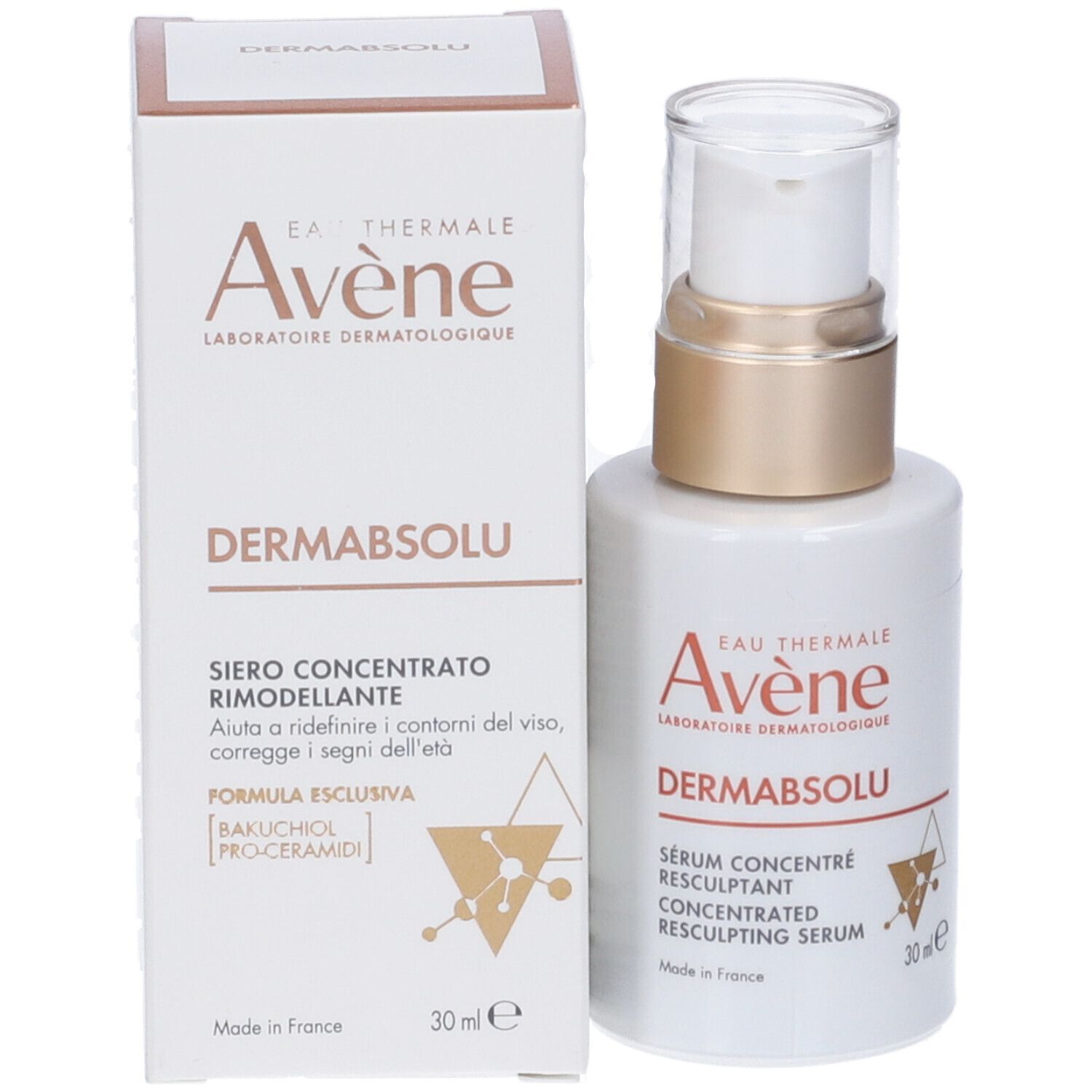 Confezione del prodotto. Scritta: Eau Thermale Avène, DERMABSOLU, Sérum Concentré Rimodellante.