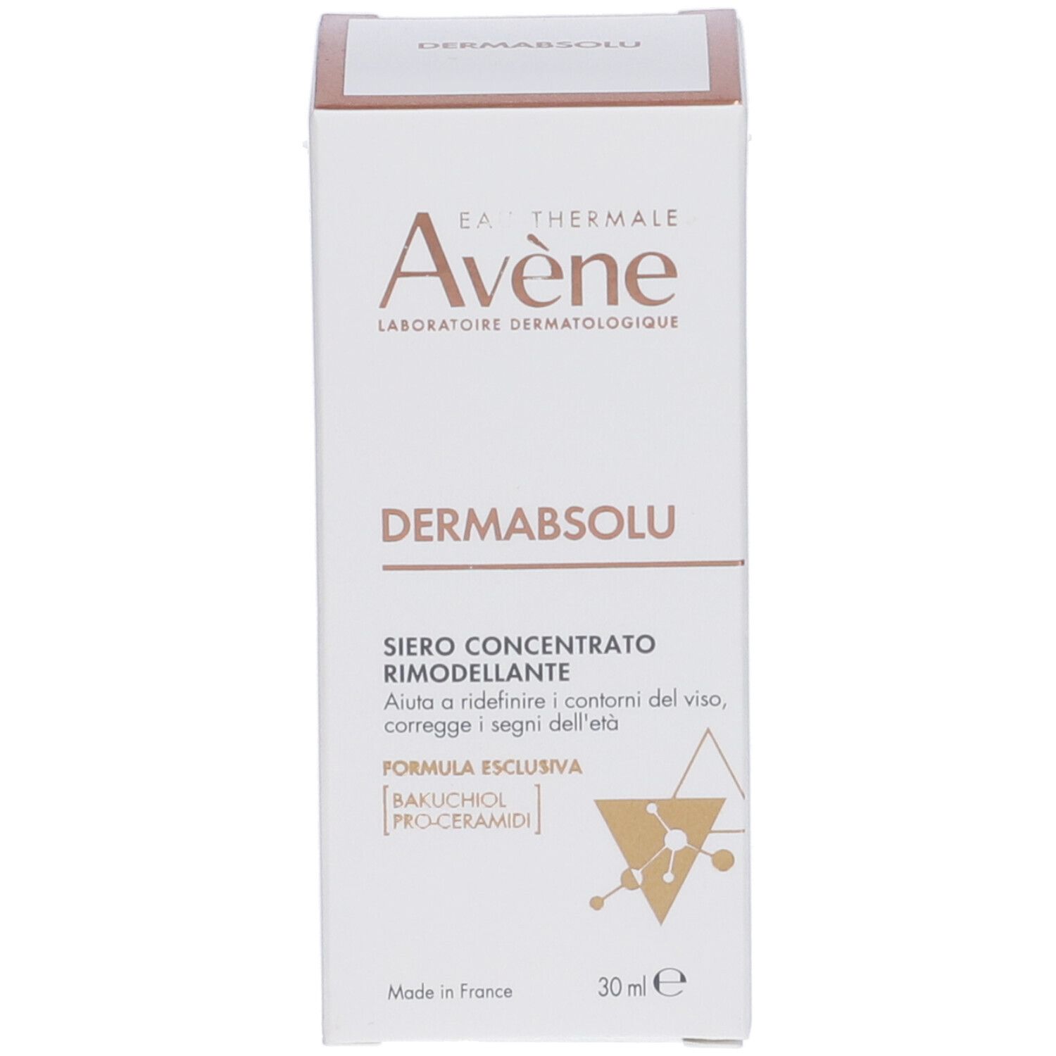 Flacone bianco con dosatore. Scritta: Eau Thermale Avène, DERMABSOLU, Sérum Concentré Rimodellante.