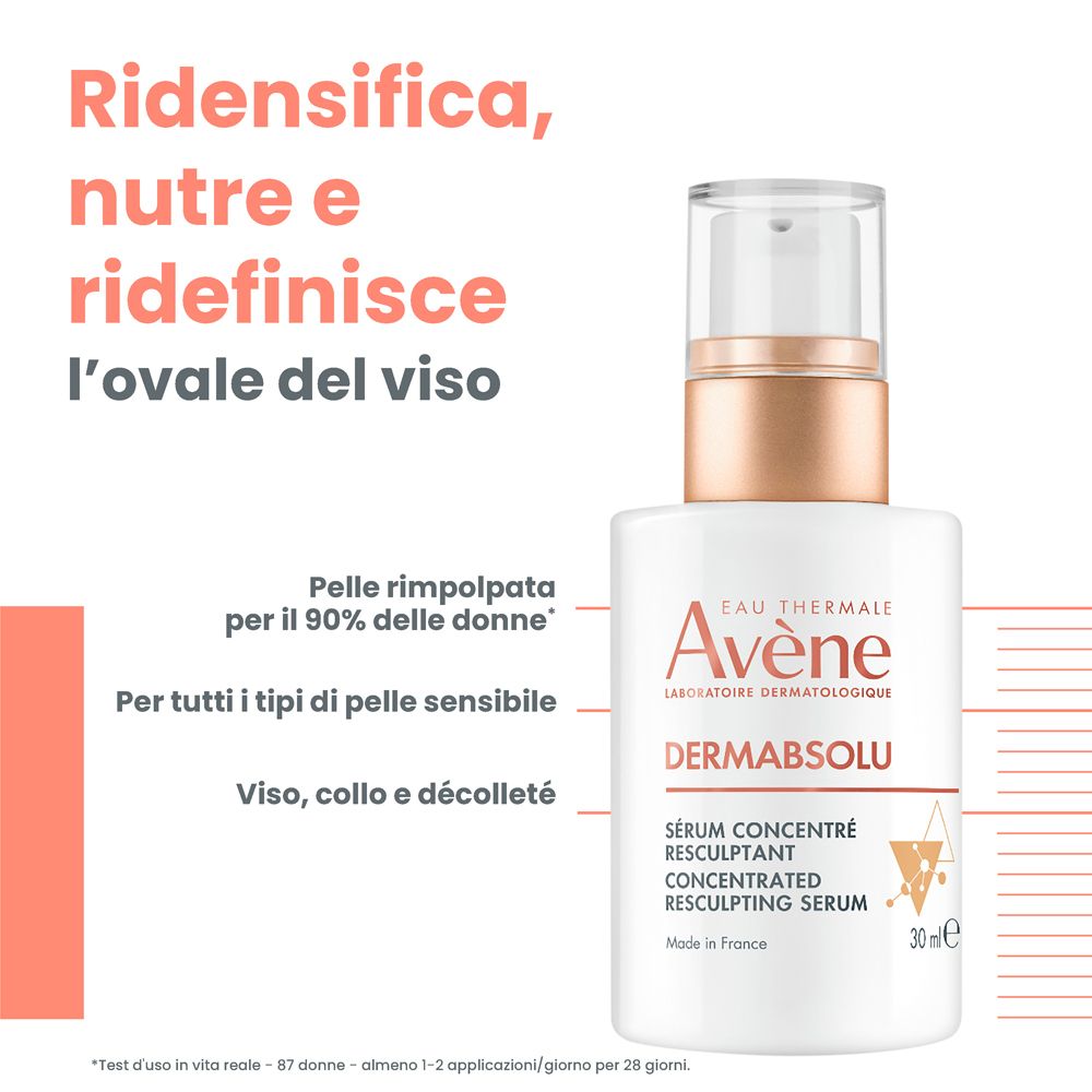 Flacone di prodotto accanto al testo. Testo: Ridensifica, nutre e ridefinisce l'ovale del viso. Pelli rimpolpata.