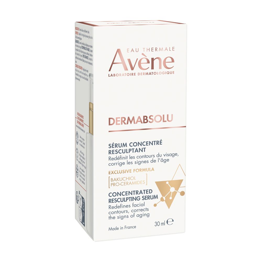 Confezione del prodotto. Scritta: Eau Thermale Avène, DERMABSOLU, Sérum Concentré Rimodellante.