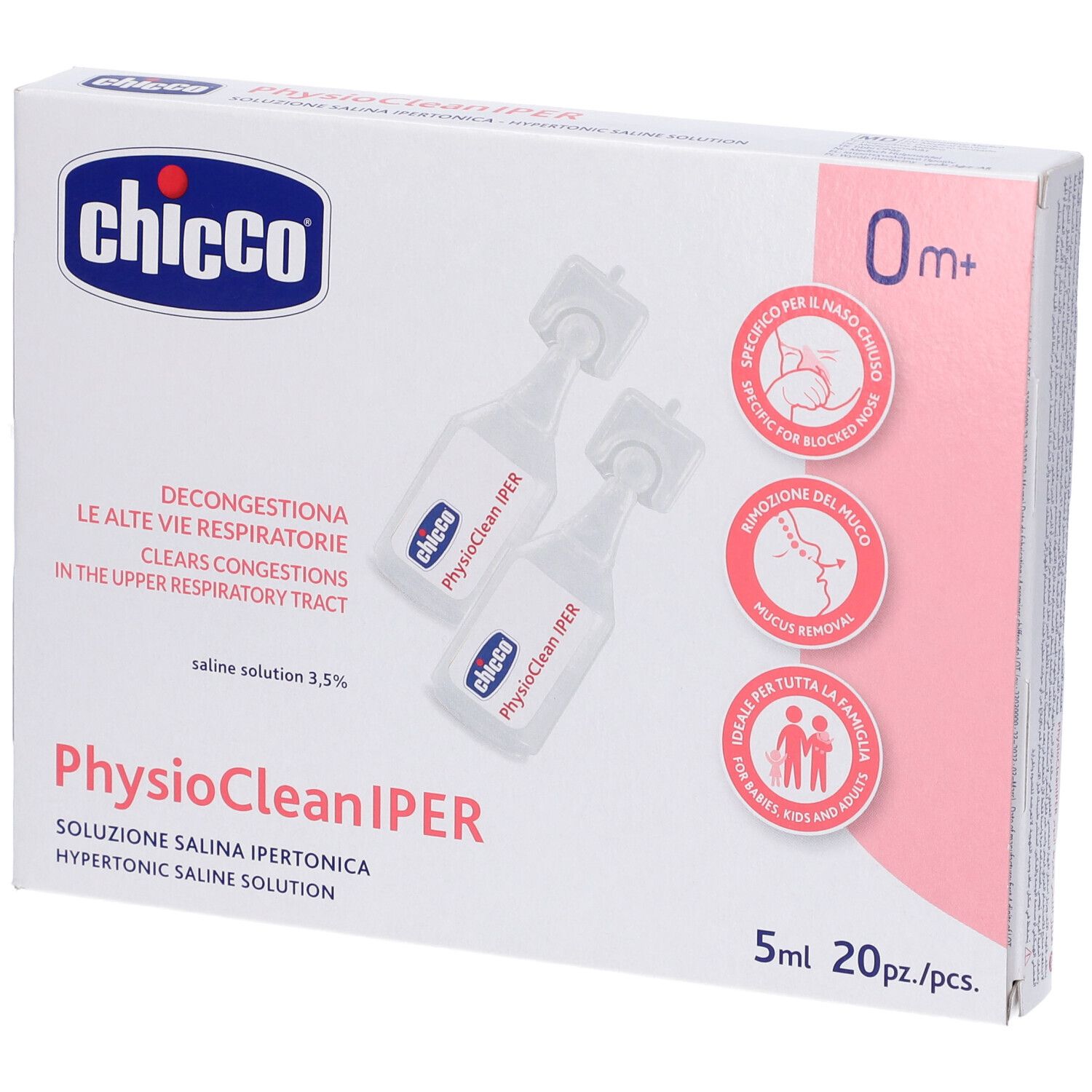 Verpackung mit zwei Ampullen. Aufschrift: Chicco, Physioclean Iper, 0m+. Text: Dekongestioniert die oberen Atemwege. Enthält 20 Einzeldosen.