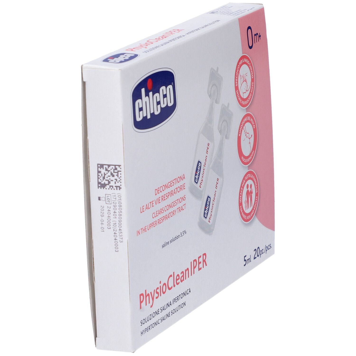 Schräg gestellte Verpackung mit zwei Ampullen. Aufschrift: Chicco, Physioclean Iper, 0m+. Text: Dekongestioniert die oberen Atemwege. 20 Einzeldosen.