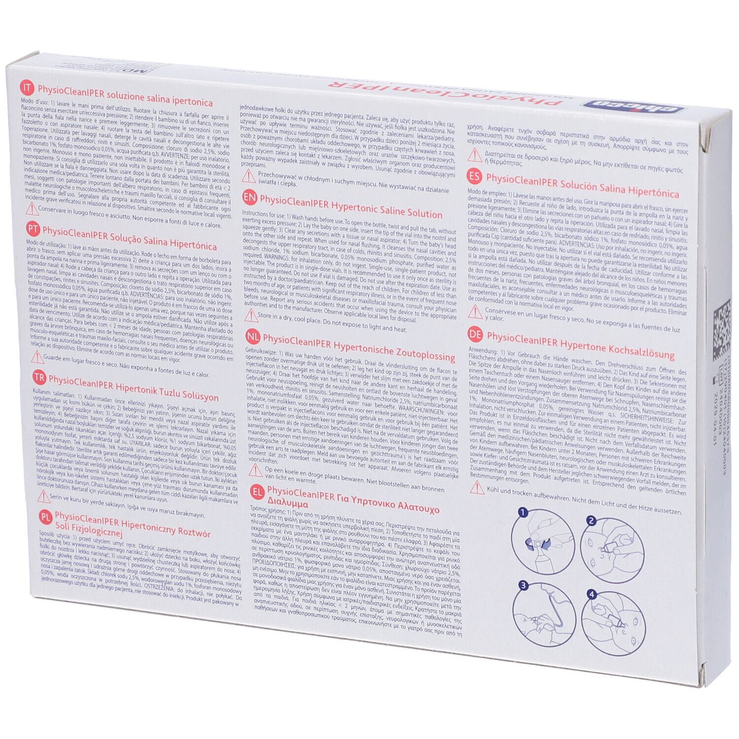 Rückseite der Verpackung. Text in mehreren Sprachen. Abbildungen von Nasenreinigung. Enthält Informationen über das Produkt.