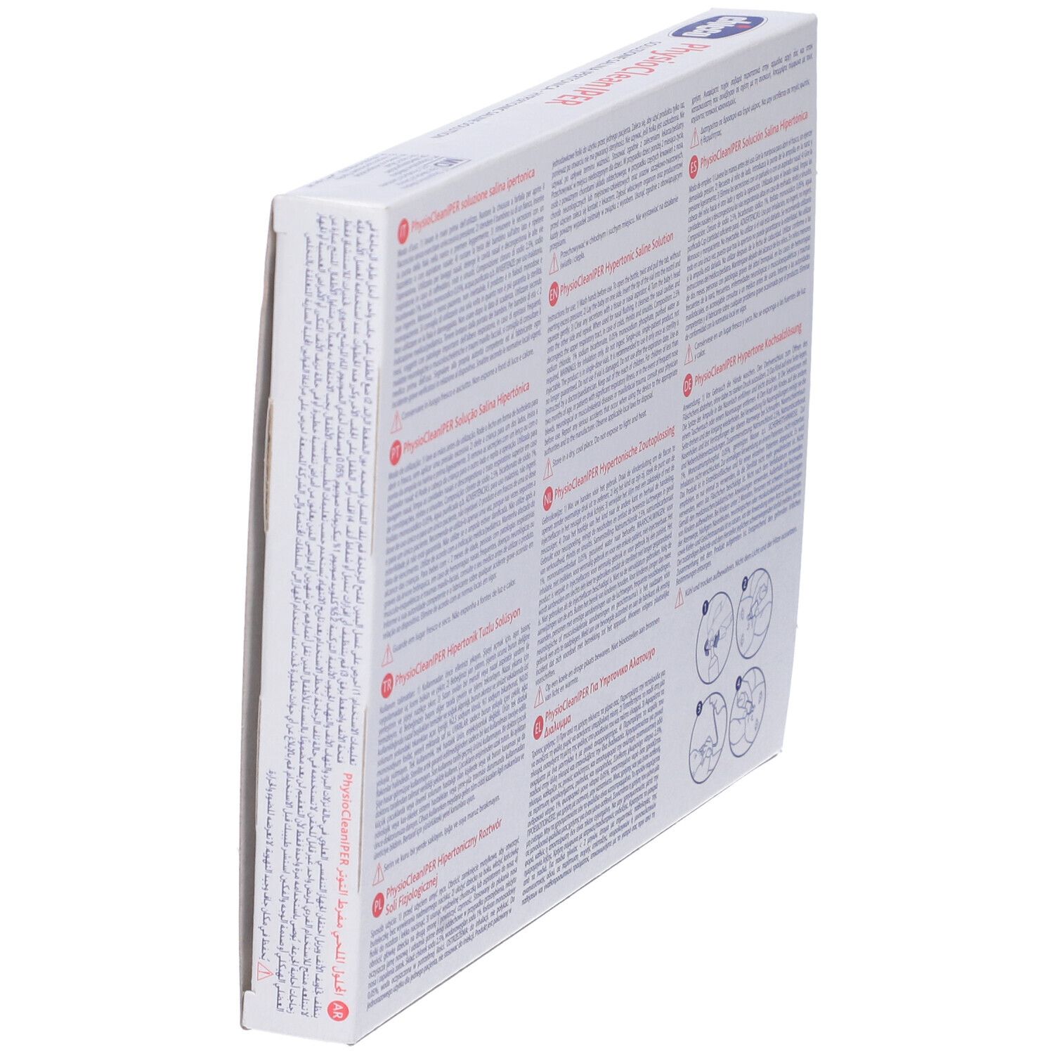Schräg gestellte Rückseite der Verpackung. Text in mehreren Sprachen. Enthält Informationen über das Produkt.