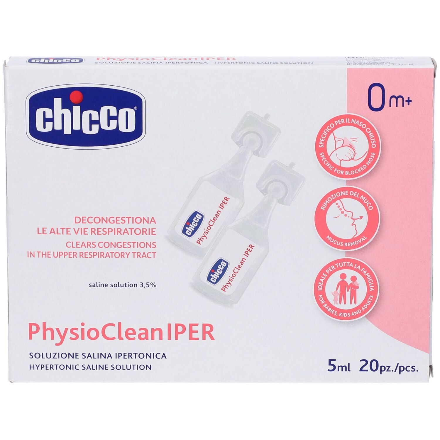 Verpackung mit zwei Ampullen. Aufschrift: Chicco, Physioclean Iper, 0m+. Text: Dekongestioniert die oberen Atemwege. Enthält 20 Einzeldosen.