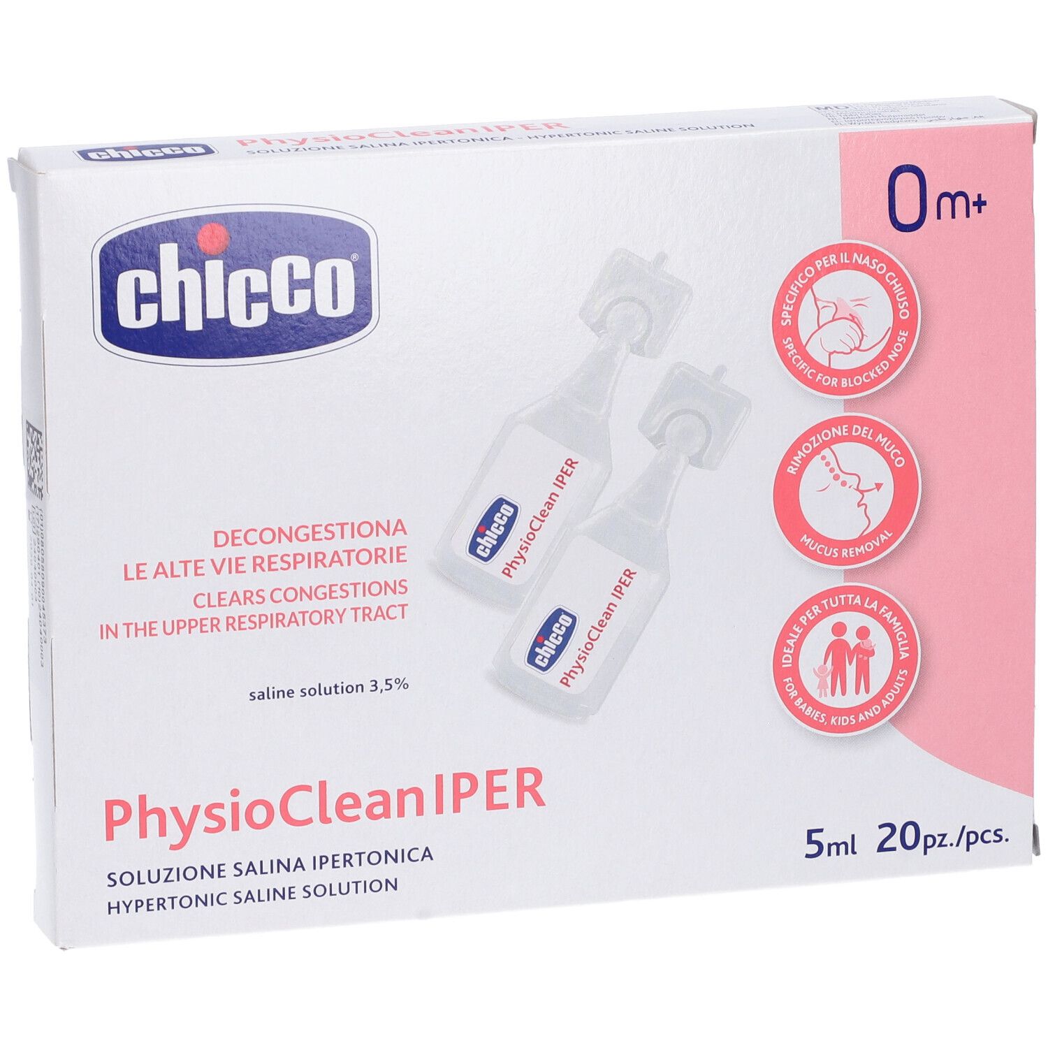 Verpackung mit zwei Ampullen. Aufschrift: Chicco, Physioclean Iper, 0m+. Text: Dekongestioniert die oberen Atemwege. Enthält 20 Einzeldosen.