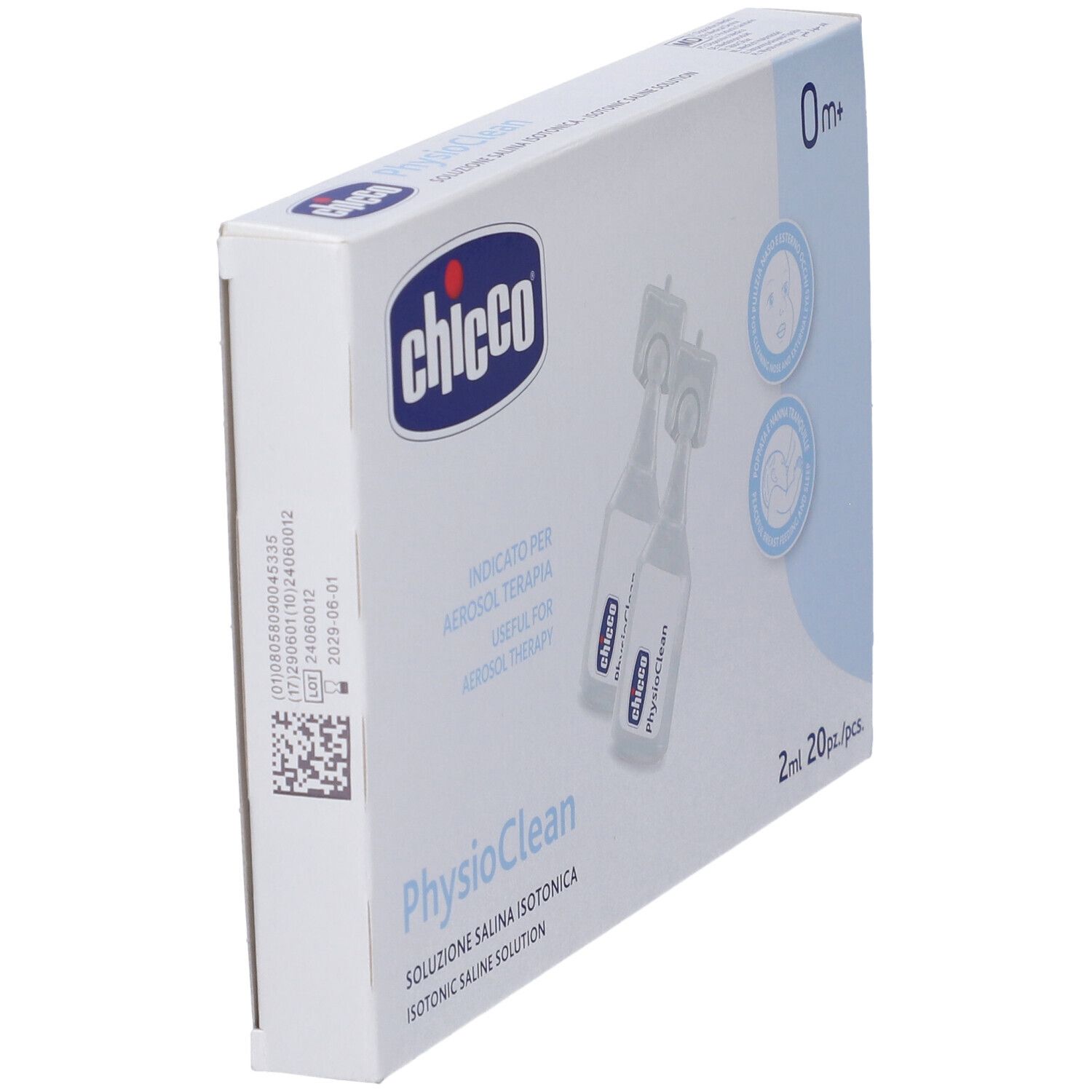 Schräg gestellte Verpackung von Physioclean, Marke Chicco. Enthält Ampullen. Aufschrift: 0m+ und 2ml.