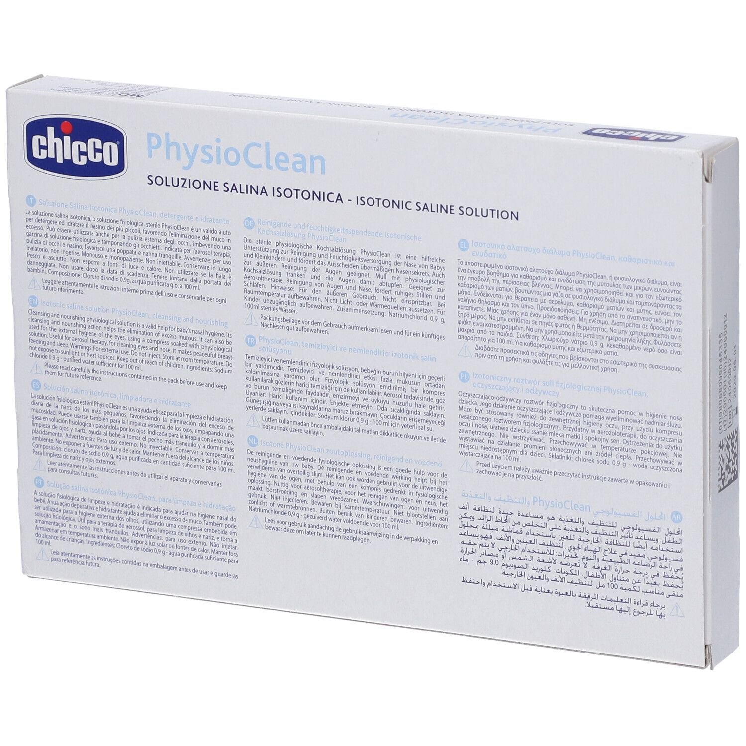 Rückseite der Physioclean-Verpackung. Text in mehreren Sprachen. Marke Chicco. Enthält Informationen zum Produkt.