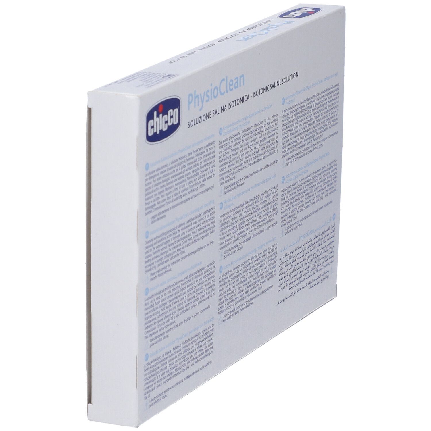 Seitenansicht der Physioclean-Verpackung. Text in mehreren Sprachen. Marke Chicco. Enthält Informationen zum Produkt.