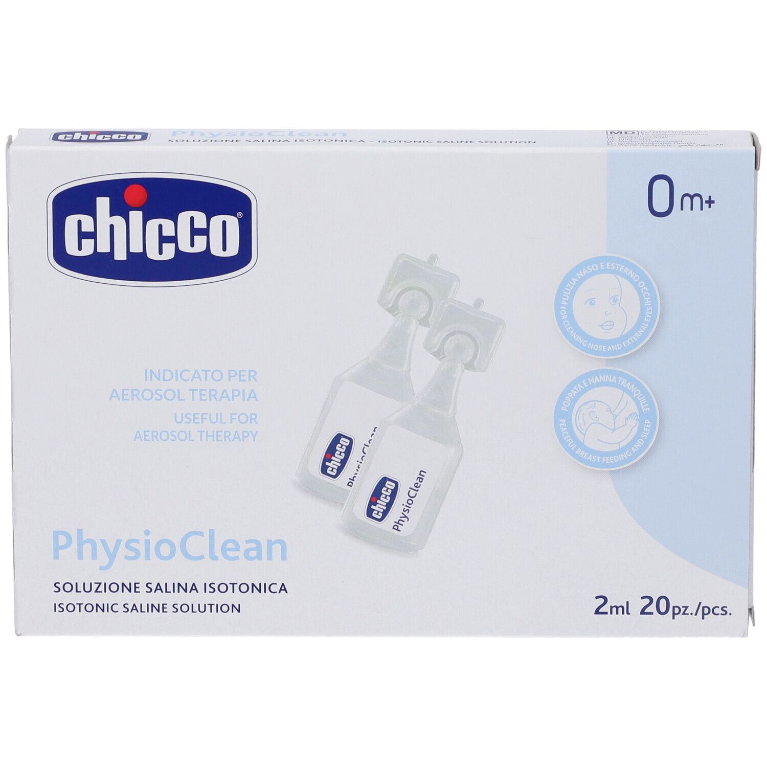 Verpackung von Physioclean, Marke Chicco. Enthält Ampullen. Aufschrift: 0m+ und 2ml. Für Aerosoltherapie.