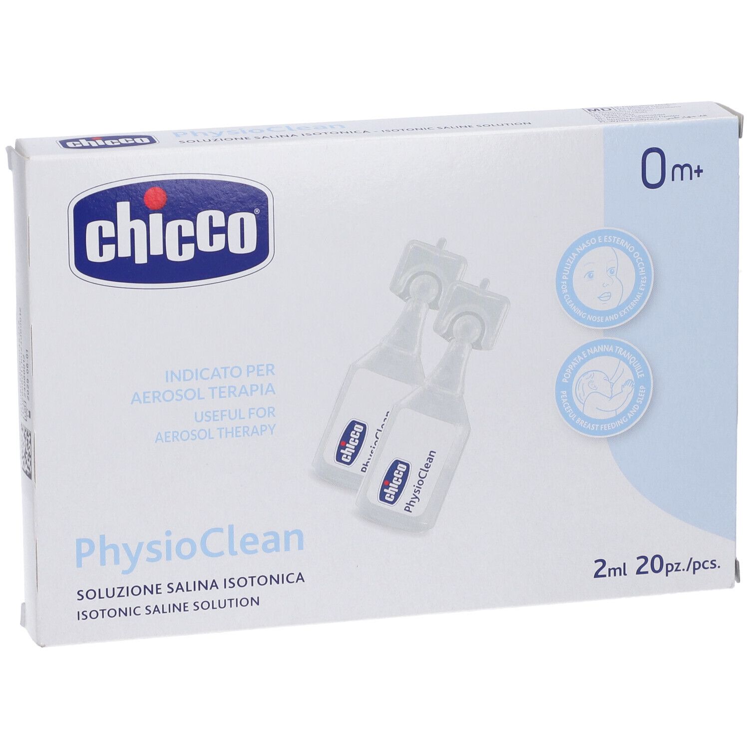 Verpackung von Physioclean, Marke Chicco. Enthält Ampullen. Aufschrift: 0m+ und 2ml. Für Aerosoltherapie.
