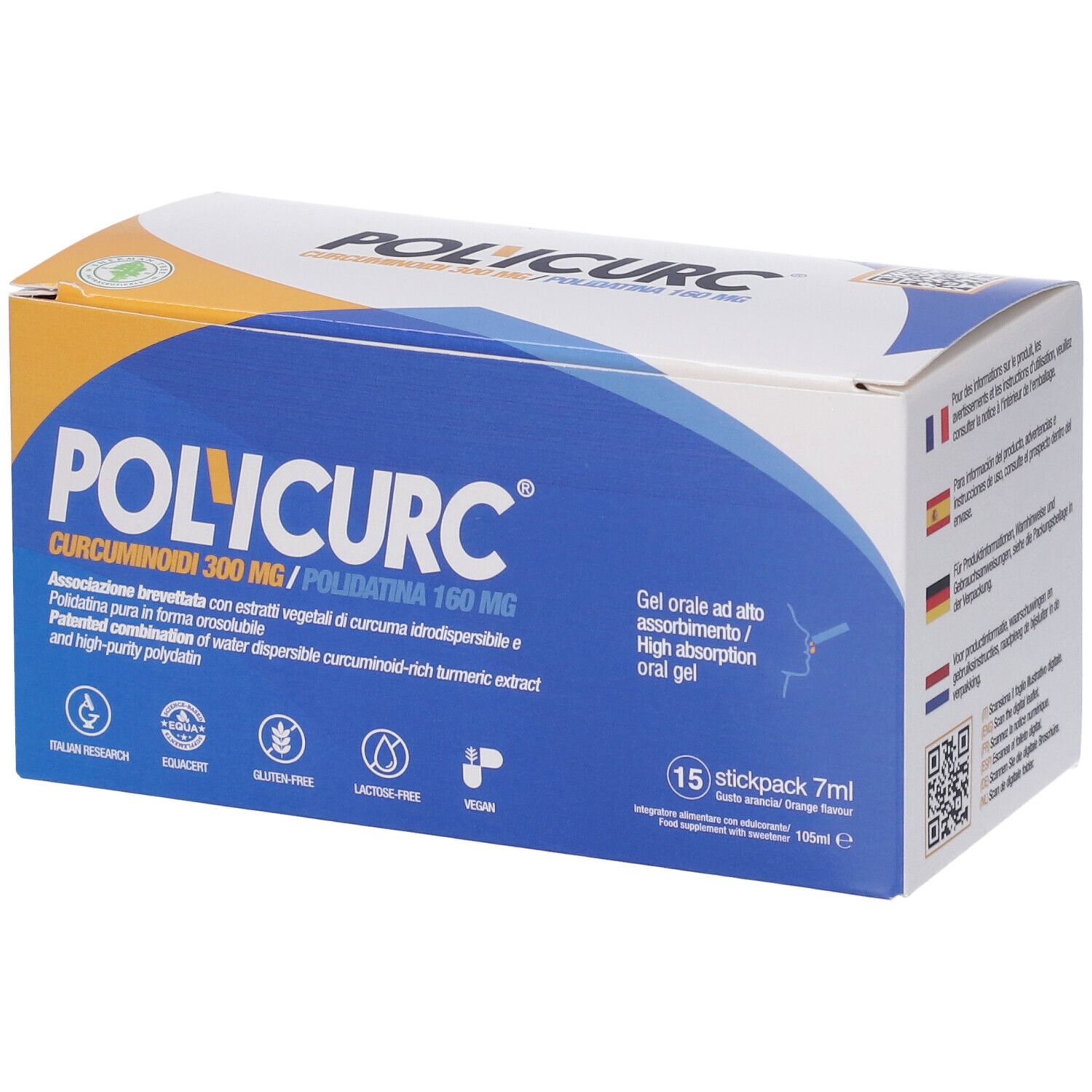 Confezione di Polycurc Gel Orale Stick. Scatola blu e bianca con nome del prodotto e informazioni. 15 stick.