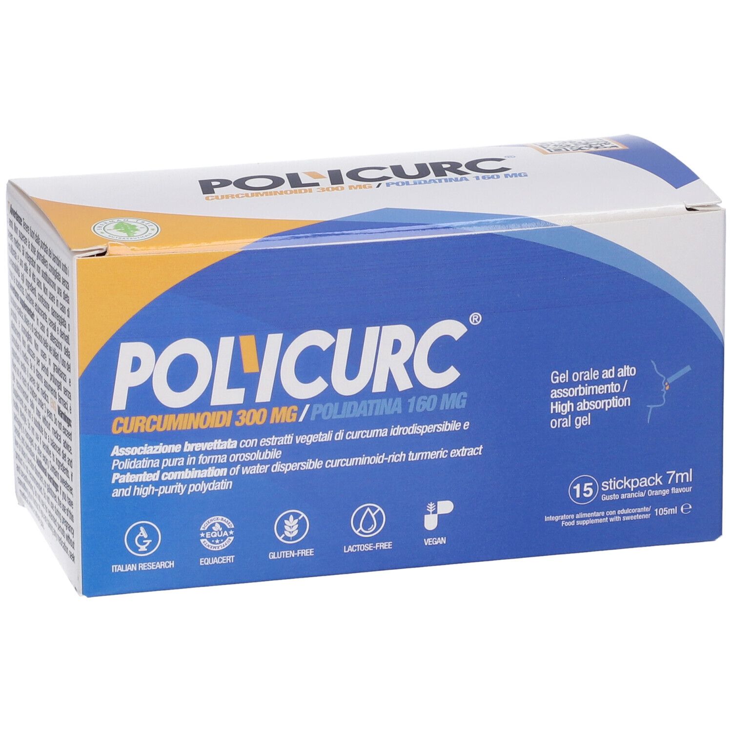 Confezione Polycurc Gel Orale Stick. Scatola blu e bianca con nome del prodotto e informazioni. 15 stick.