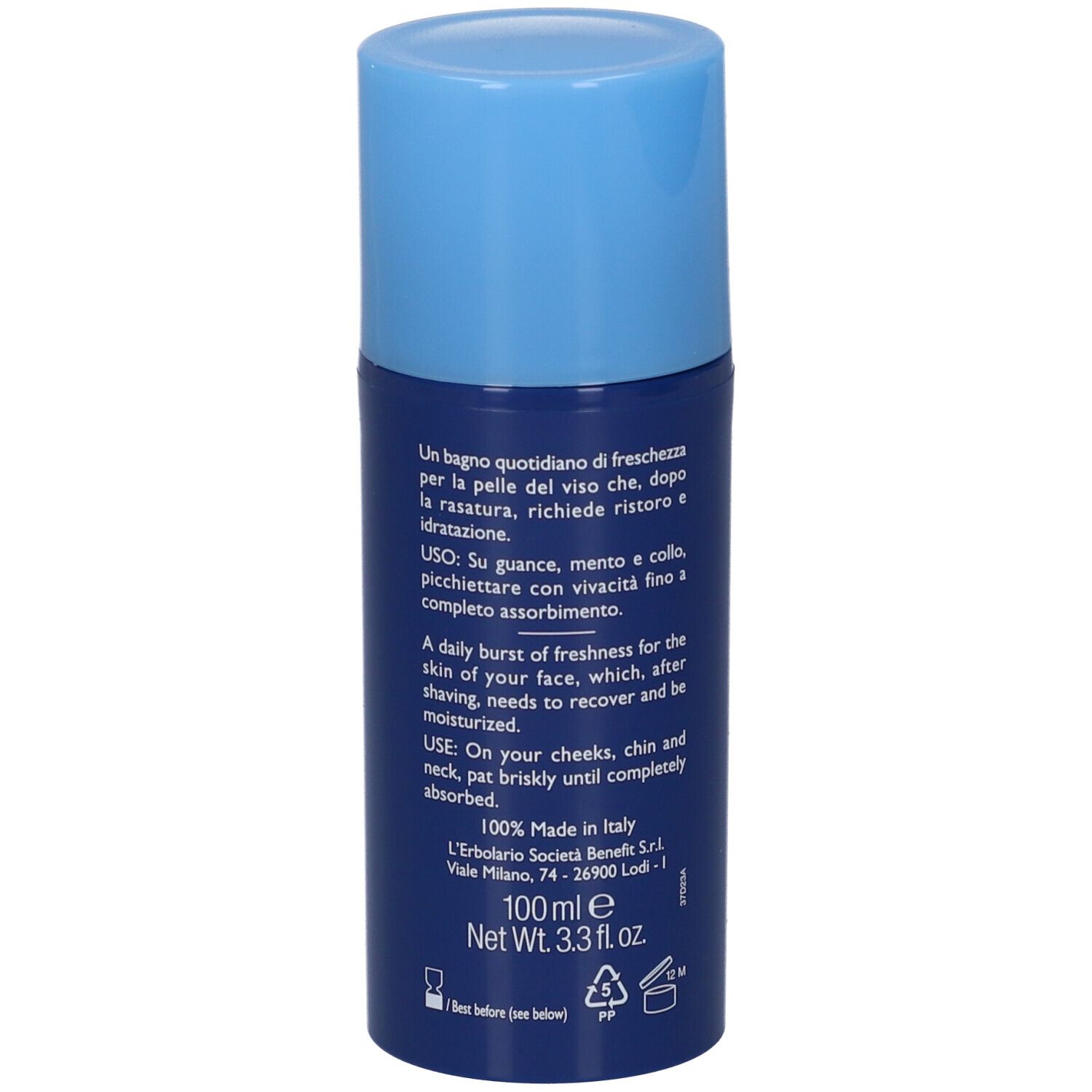 Dunkelblaue Flasche mit blauem Deckel, 100 ml.